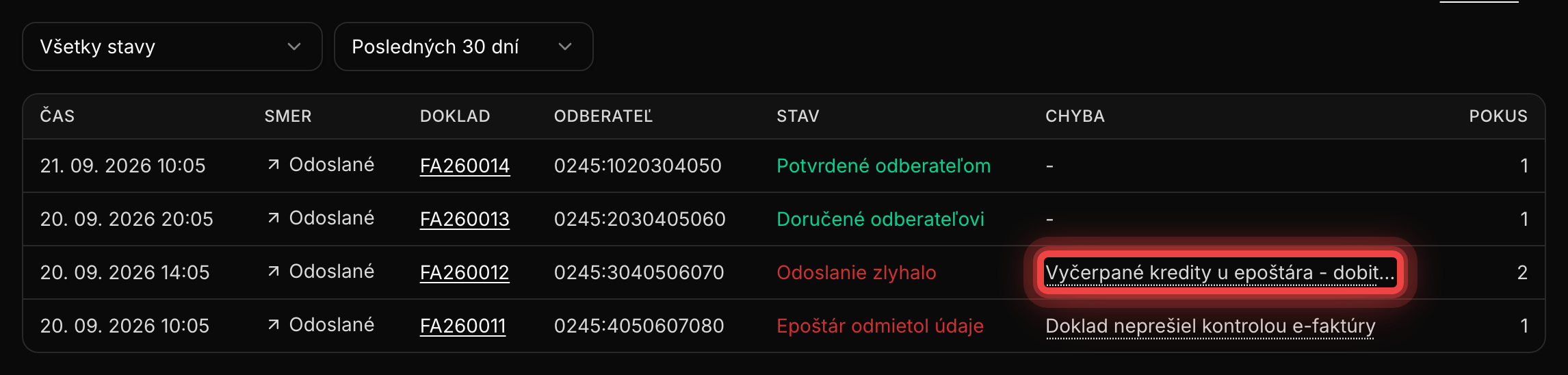 Denník odoslaní v nastaveniach epoštára so zoznamom pokusov a ich stavmi