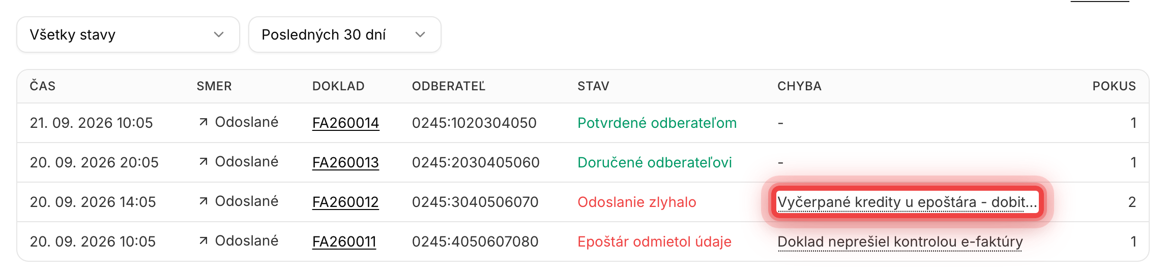 Denník odoslaní v nastaveniach epoštára so zoznamom pokusov a ich stavmi