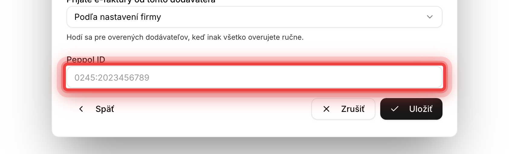 Pole Peppol ID vo formulári kontaktu s príkladom identifikátora