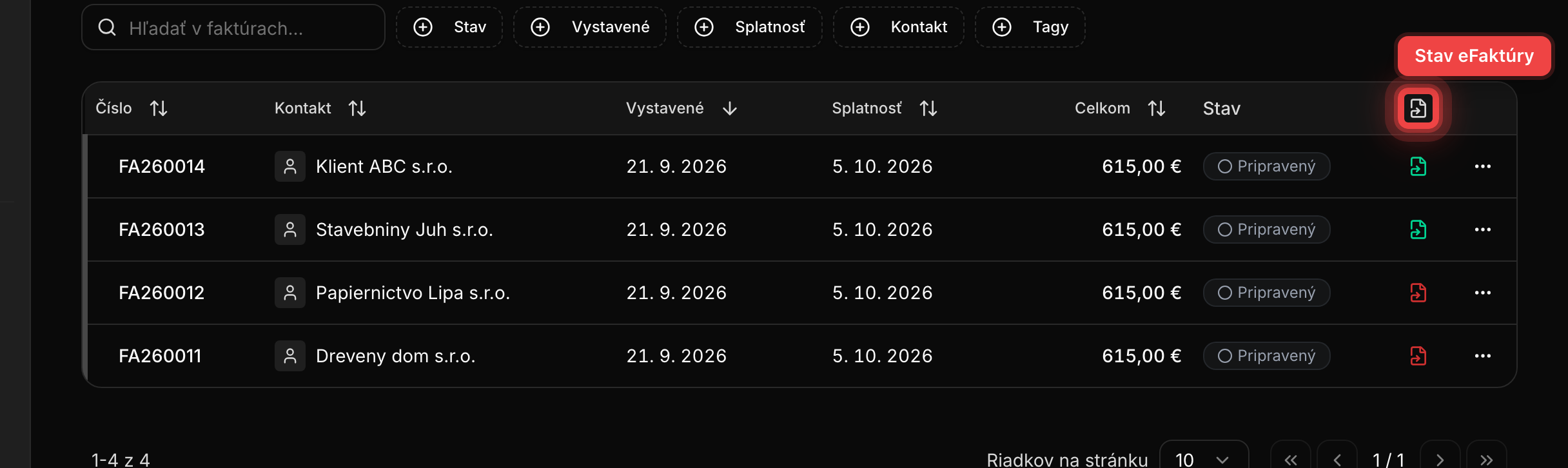 Zoznam faktúr so stĺpcom eFaktúra a ikonami stavov pri jednotlivých riadkoch