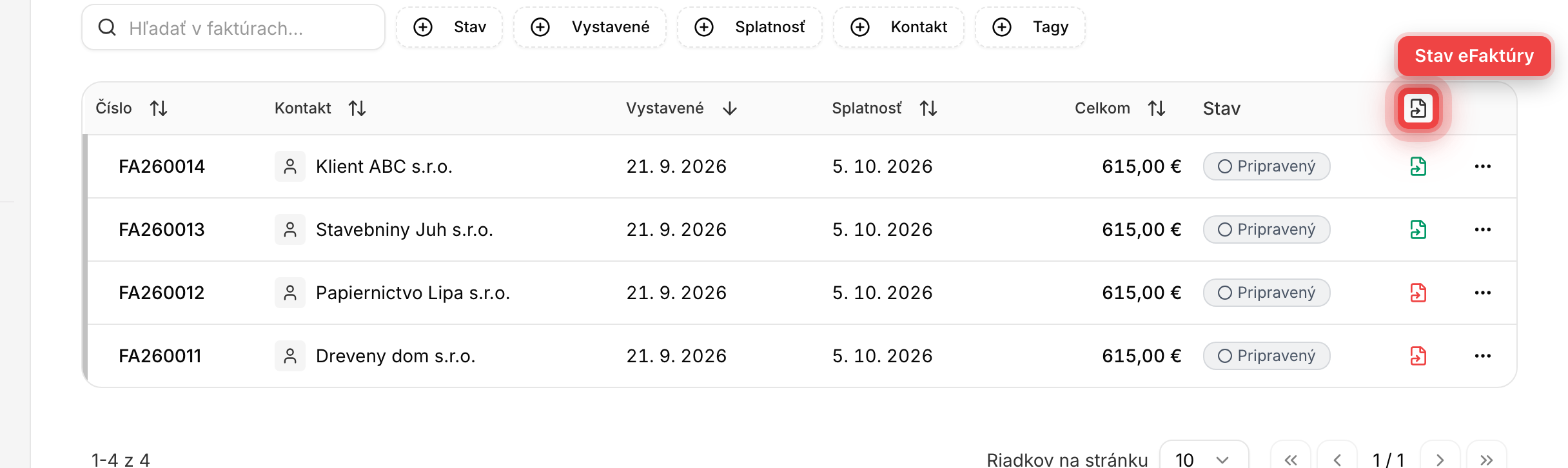 Zoznam faktúr so stĺpcom eFaktúra a ikonami stavov pri jednotlivých riadkoch