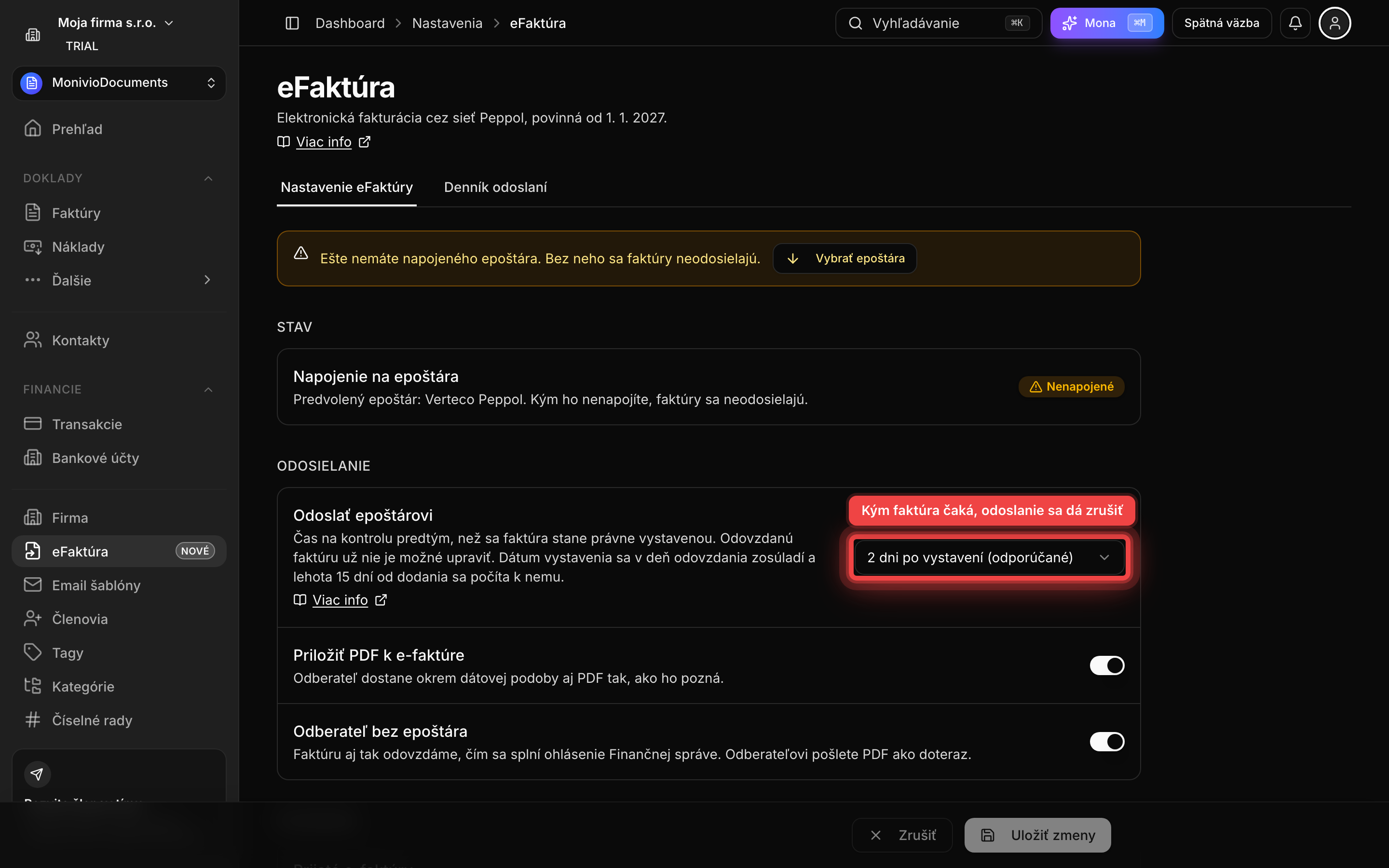 Nastavenie epoštára s voľbou, ako dlho má faktúra po vystavení čakať pred odoslaním