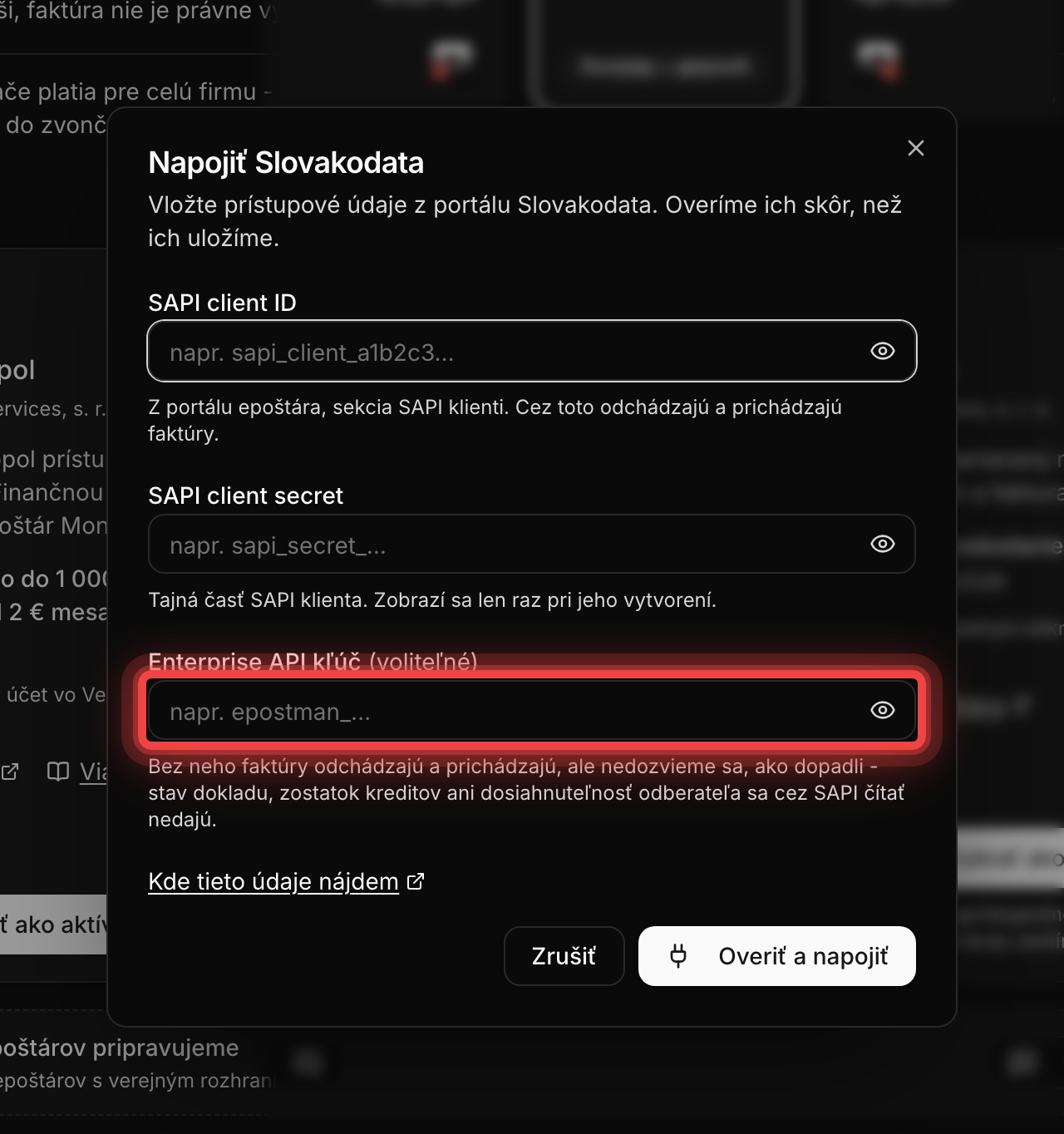 Formulár napojenia s poľami SAPI client ID, SAPI client secret a Enterprise API kľúč