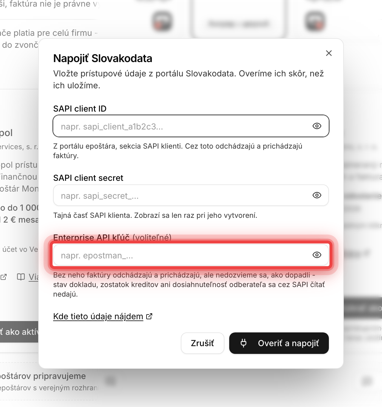 Formulár napojenia s poľami SAPI client ID, SAPI client secret a Enterprise API kľúč