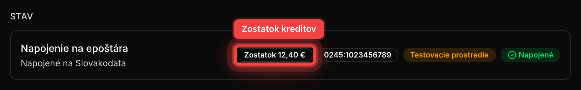 Stavová karta so stavom Napojené, Peppol identifikátorom a zostatkom kreditov
