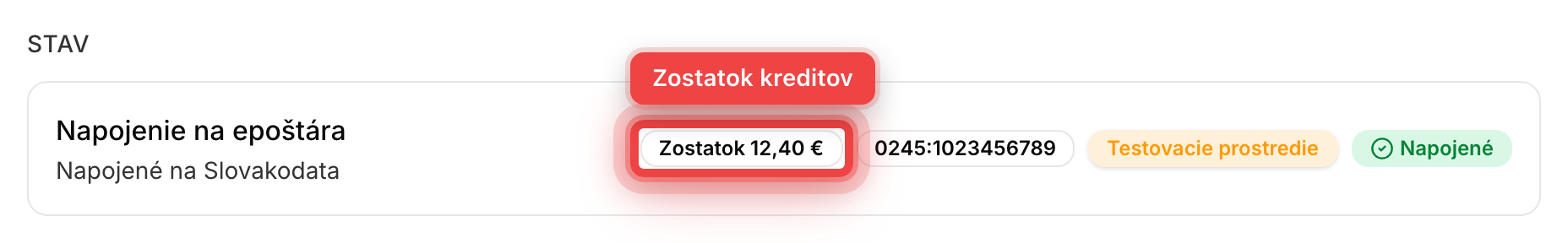Stavová karta so stavom Napojené, Peppol identifikátorom a zostatkom kreditov