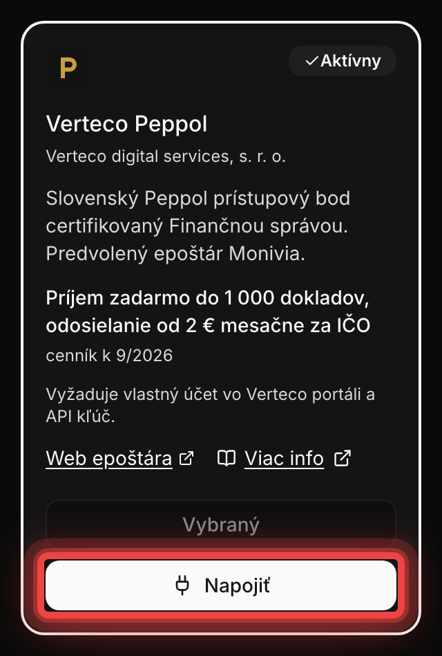 Karta Verteca v zozname epoštárov v Monivio s tlačidlom Napojiť