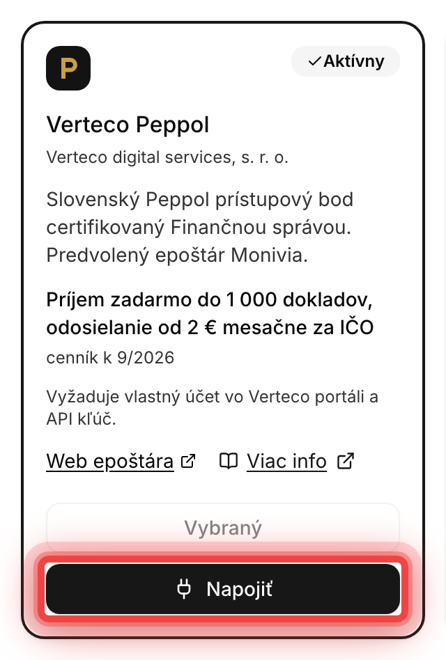 Karta Verteca v zozname epoštárov v Monivio s tlačidlom Napojiť