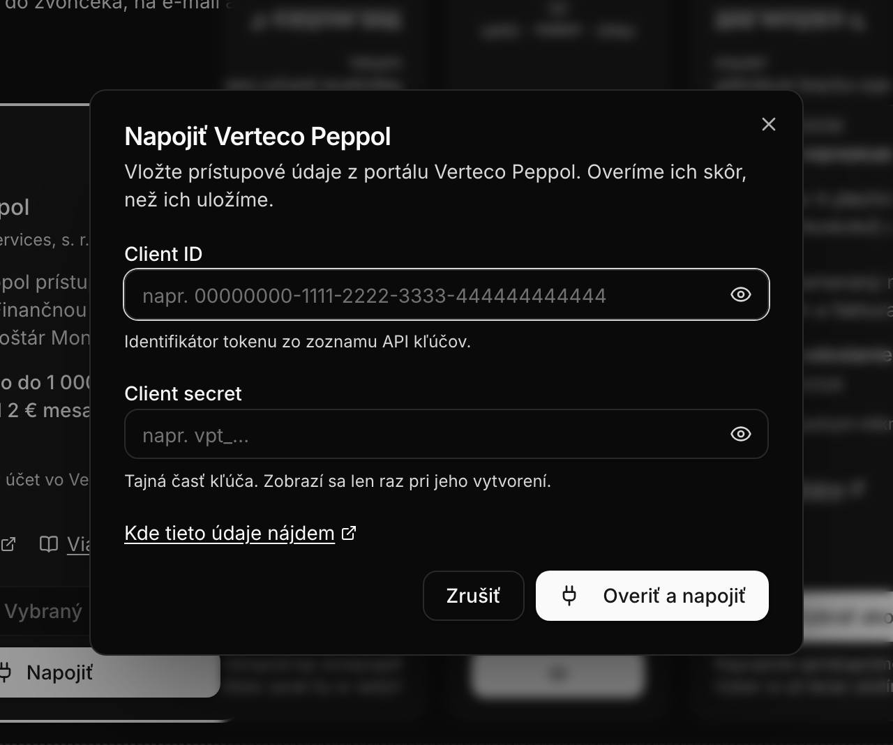 Formulár napojenia s poľami Client ID a Client secret