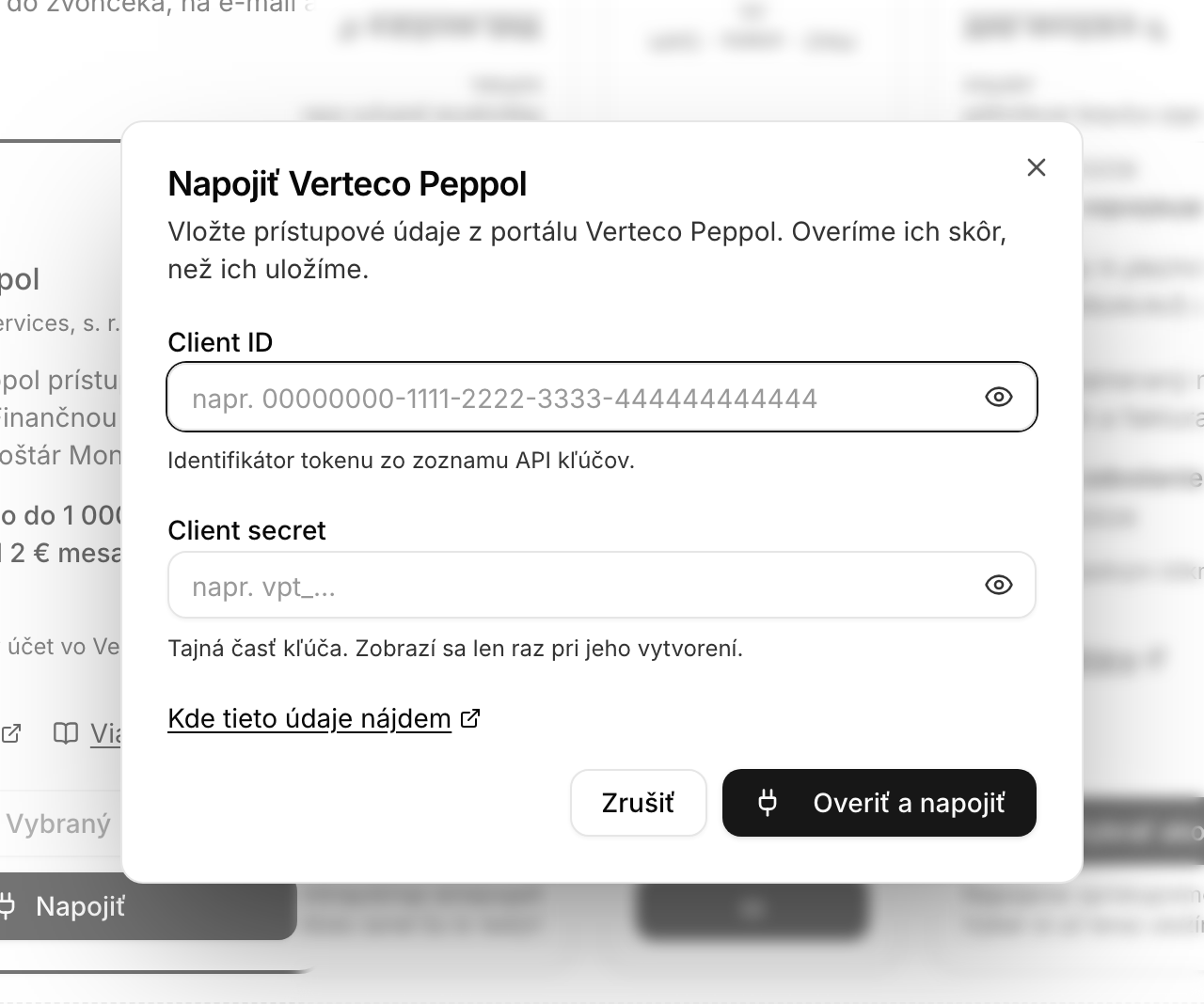 Formulár napojenia s poľami Client ID a Client secret