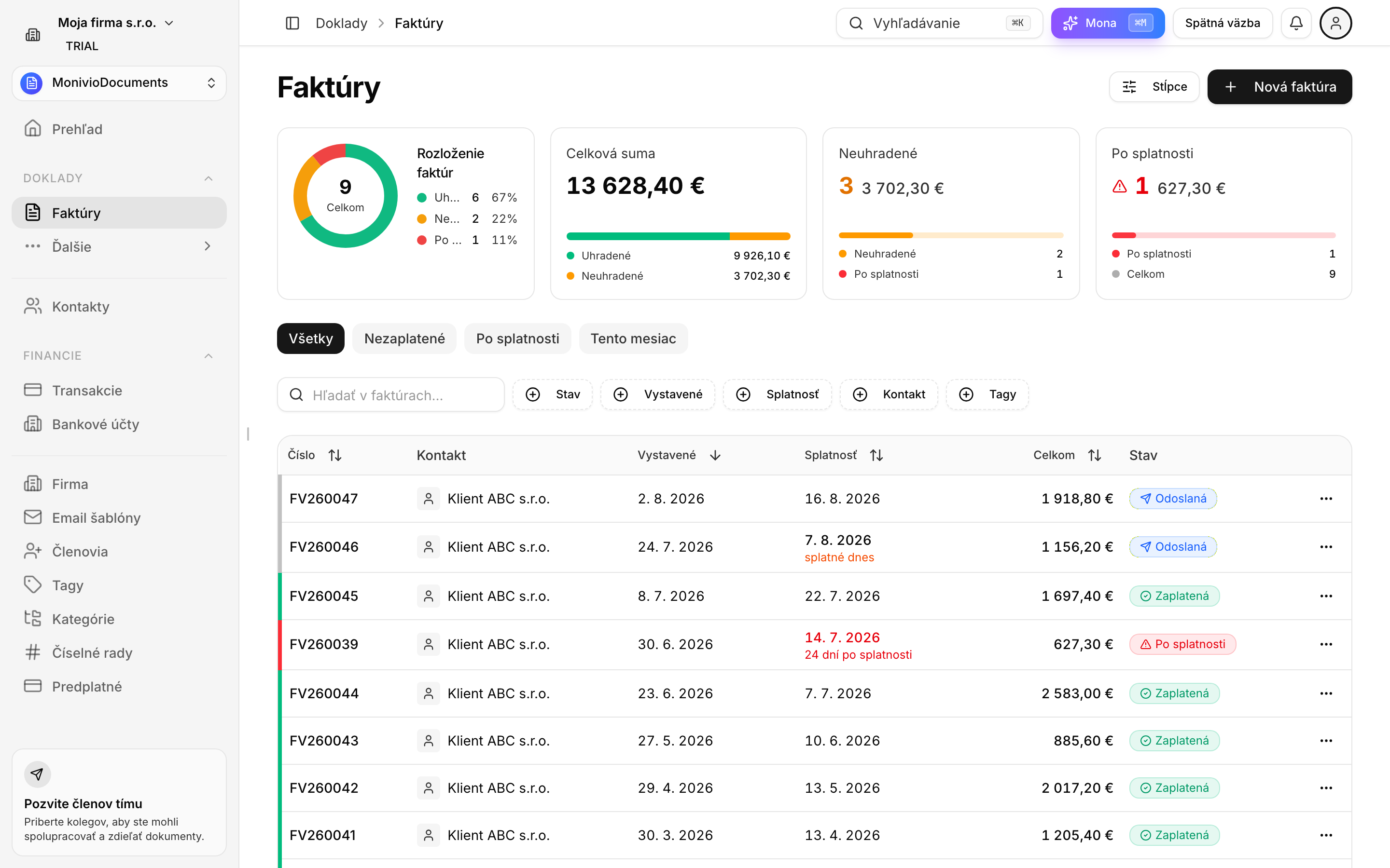 Zoznam faktúr so stavmi