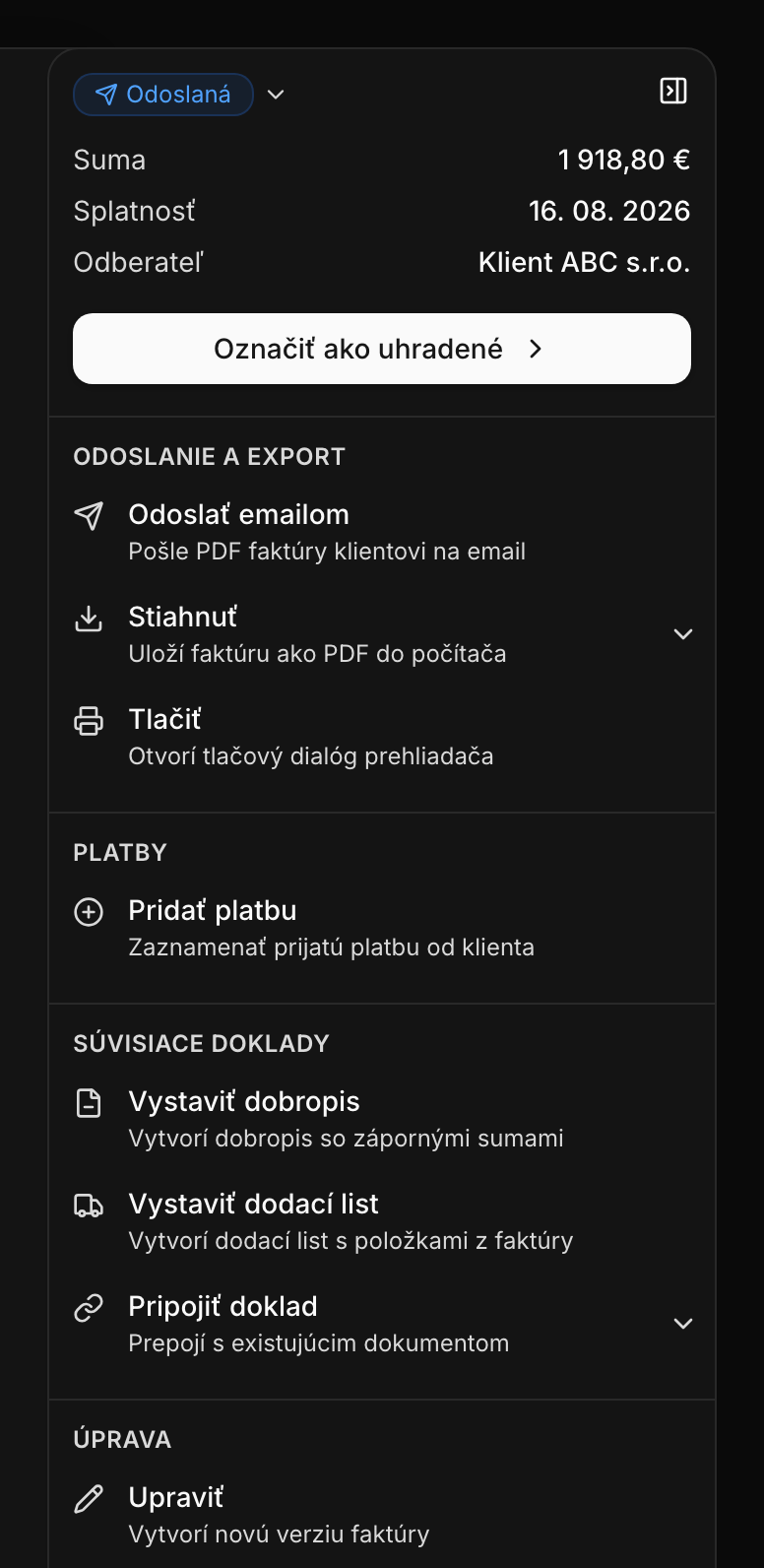 Akcie na detaile faktúry vrátane označenia ako zaplatenej