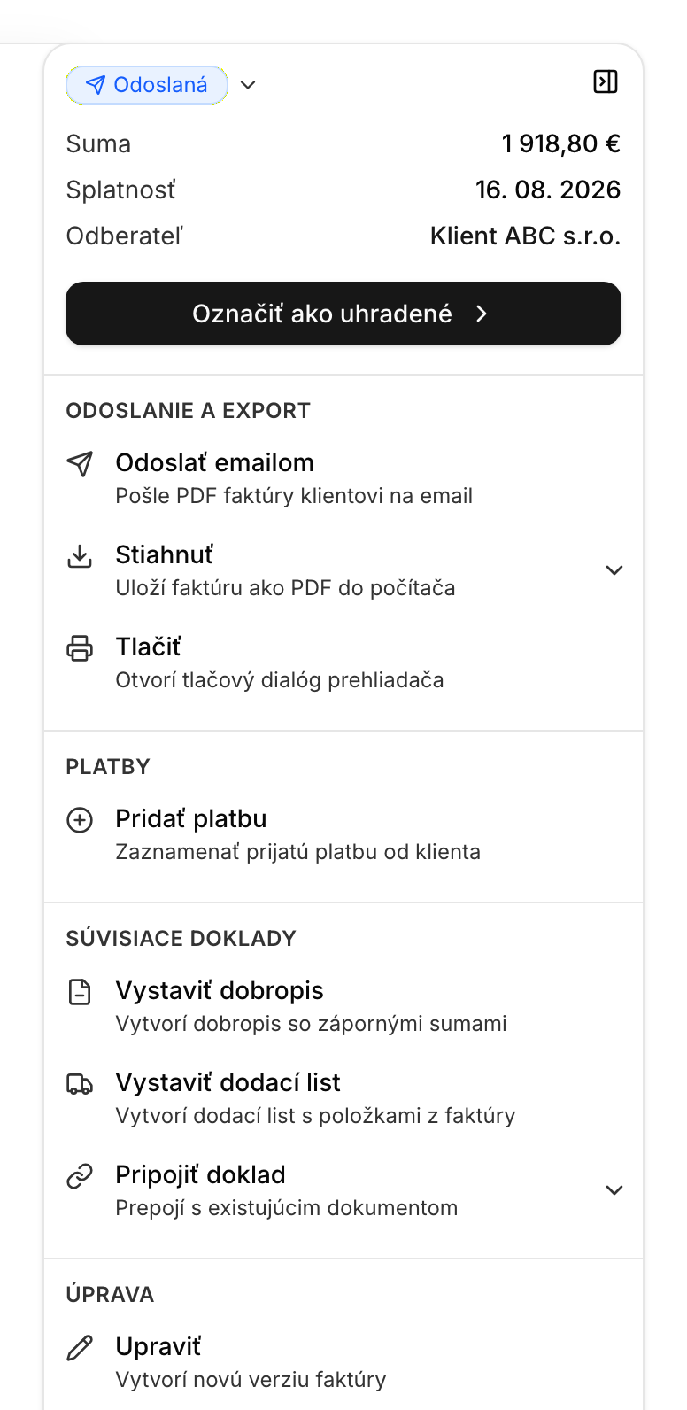 Akcie na detaile faktúry vrátane označenia ako zaplatenej