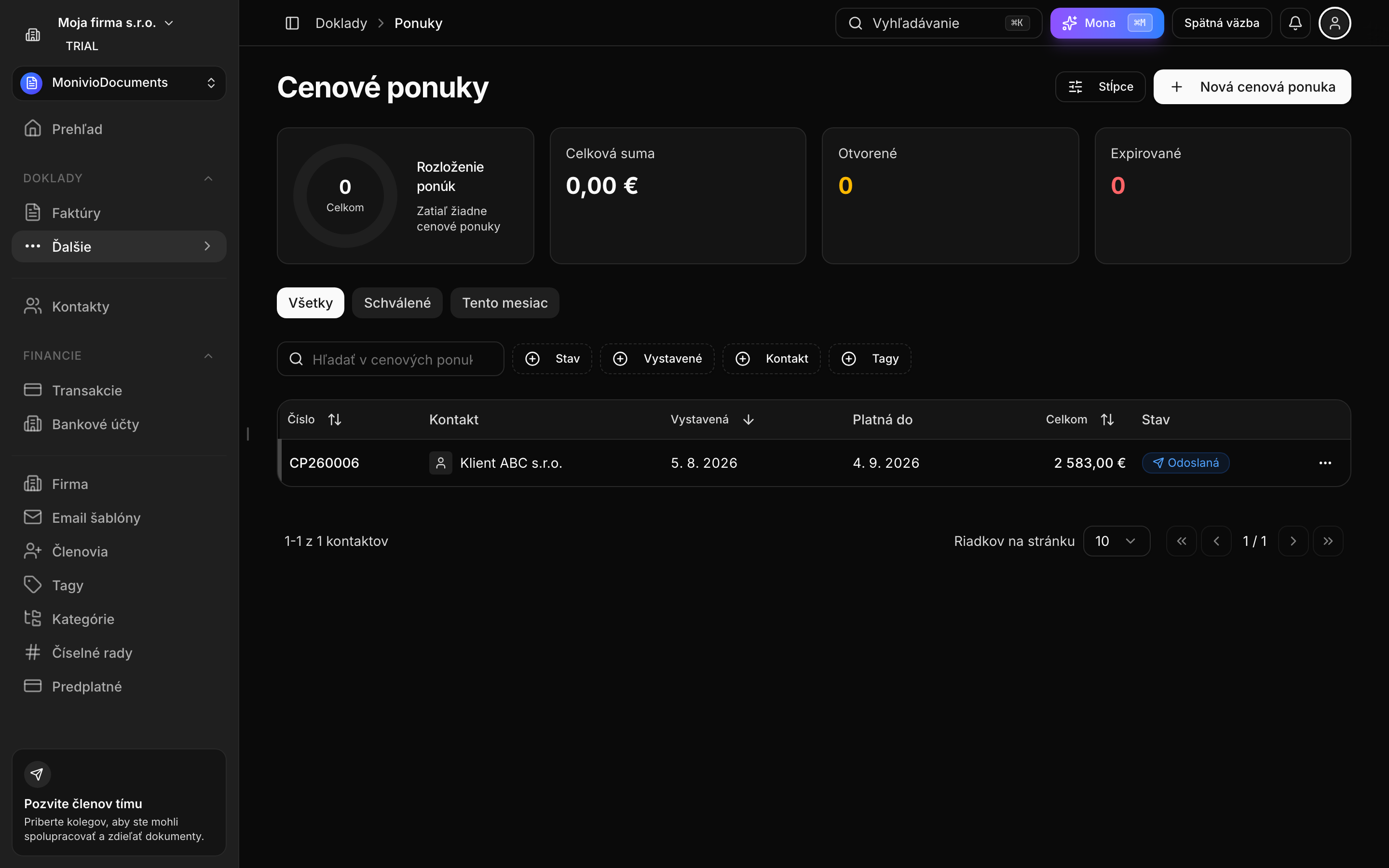 Cenová ponuka v stave Odoslaná