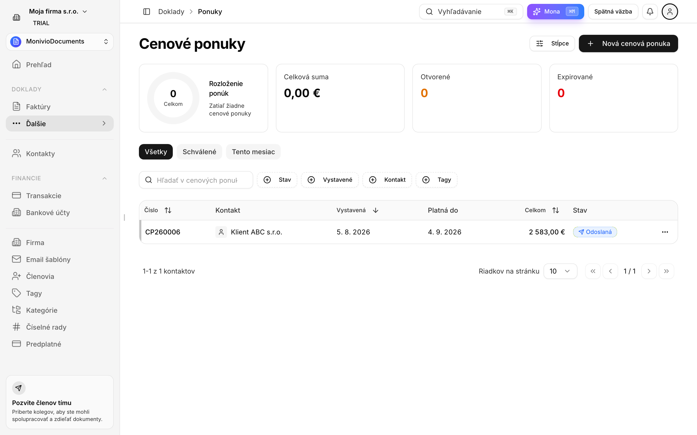 Cenová ponuka v stave Odoslaná