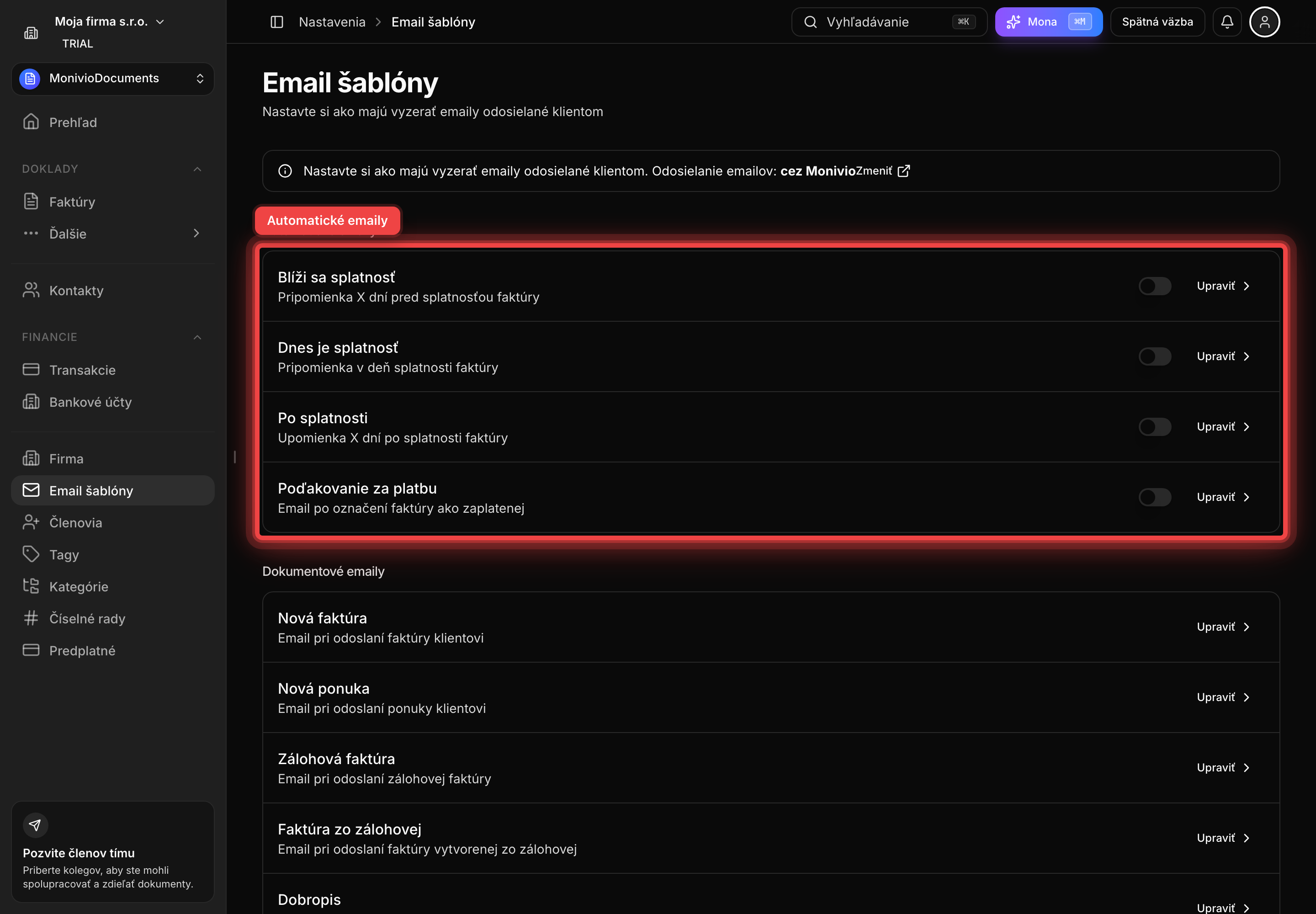 Zoznam emailových šablón rozdelený na dokumentové a automatické