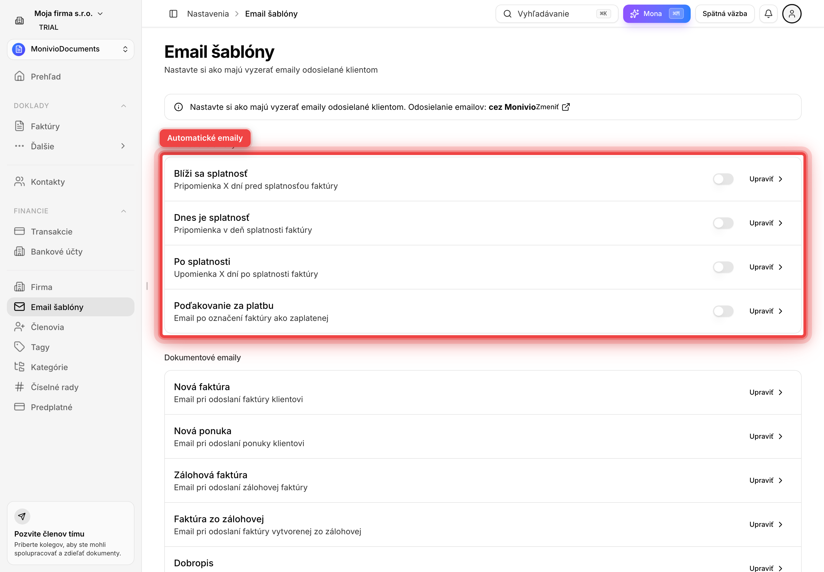 Zoznam emailových šablón rozdelený na dokumentové a automatické