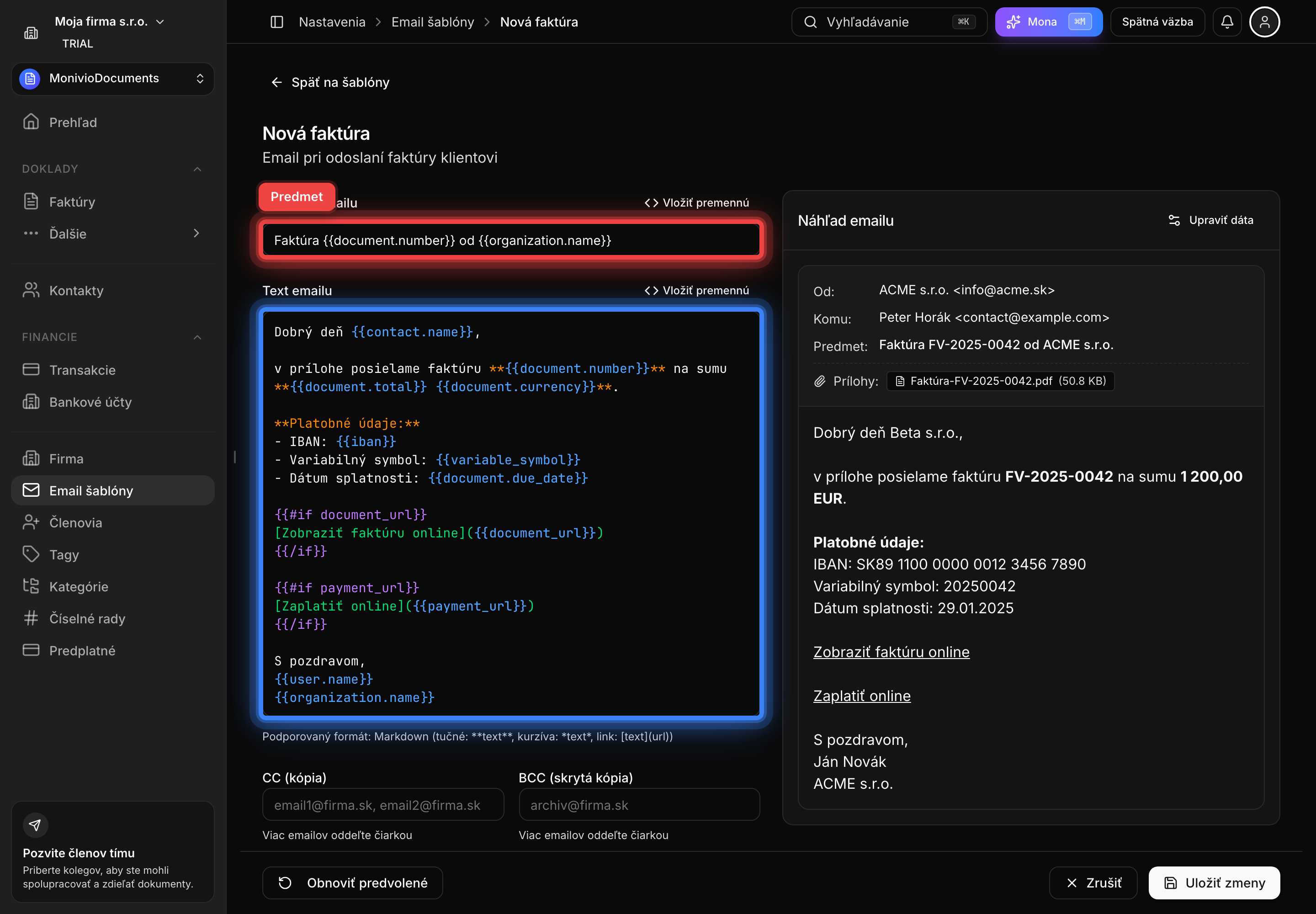 Editor emailovej šablóny s predmetom a textom