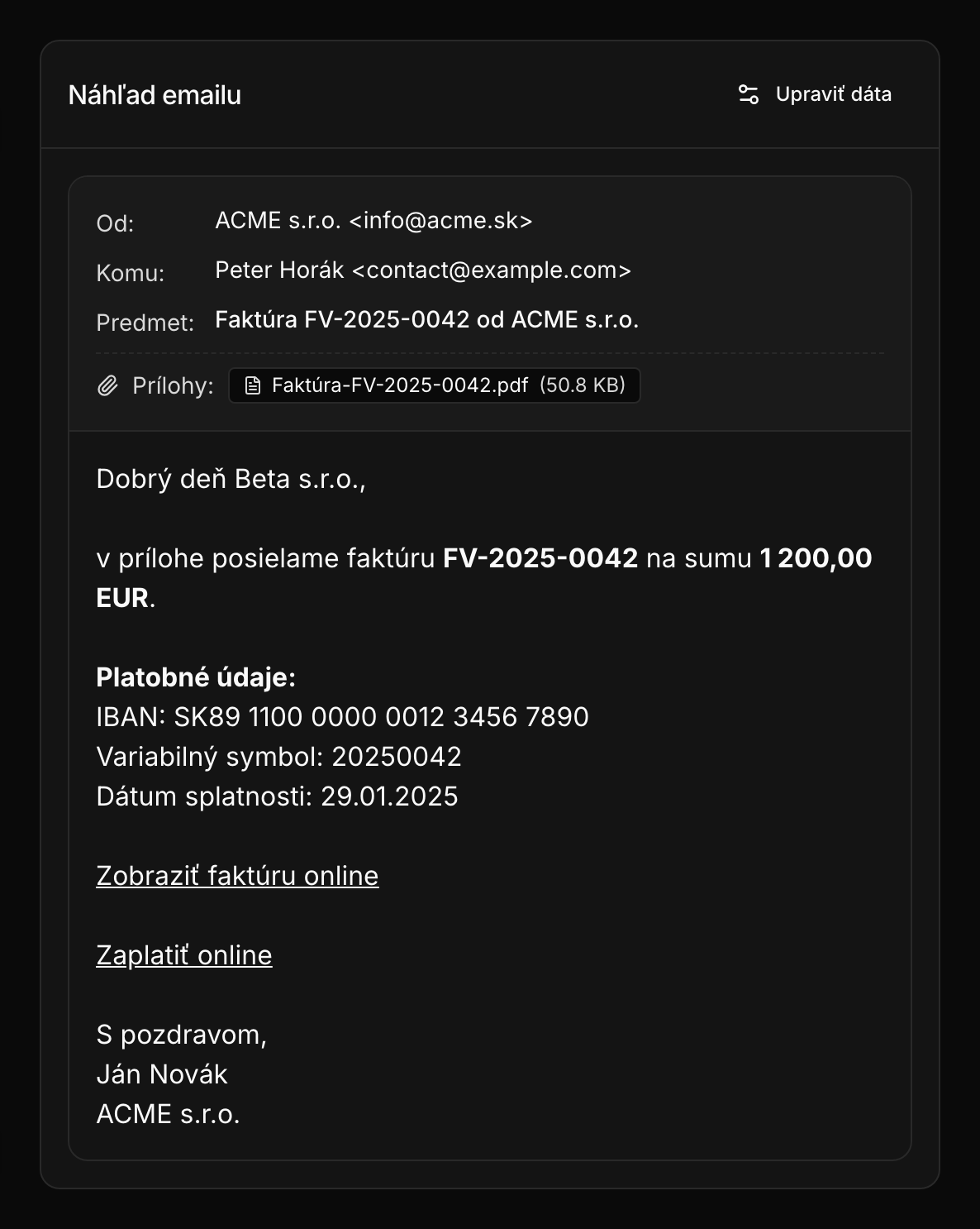 Náhľad emailu s ukážkovými dátami