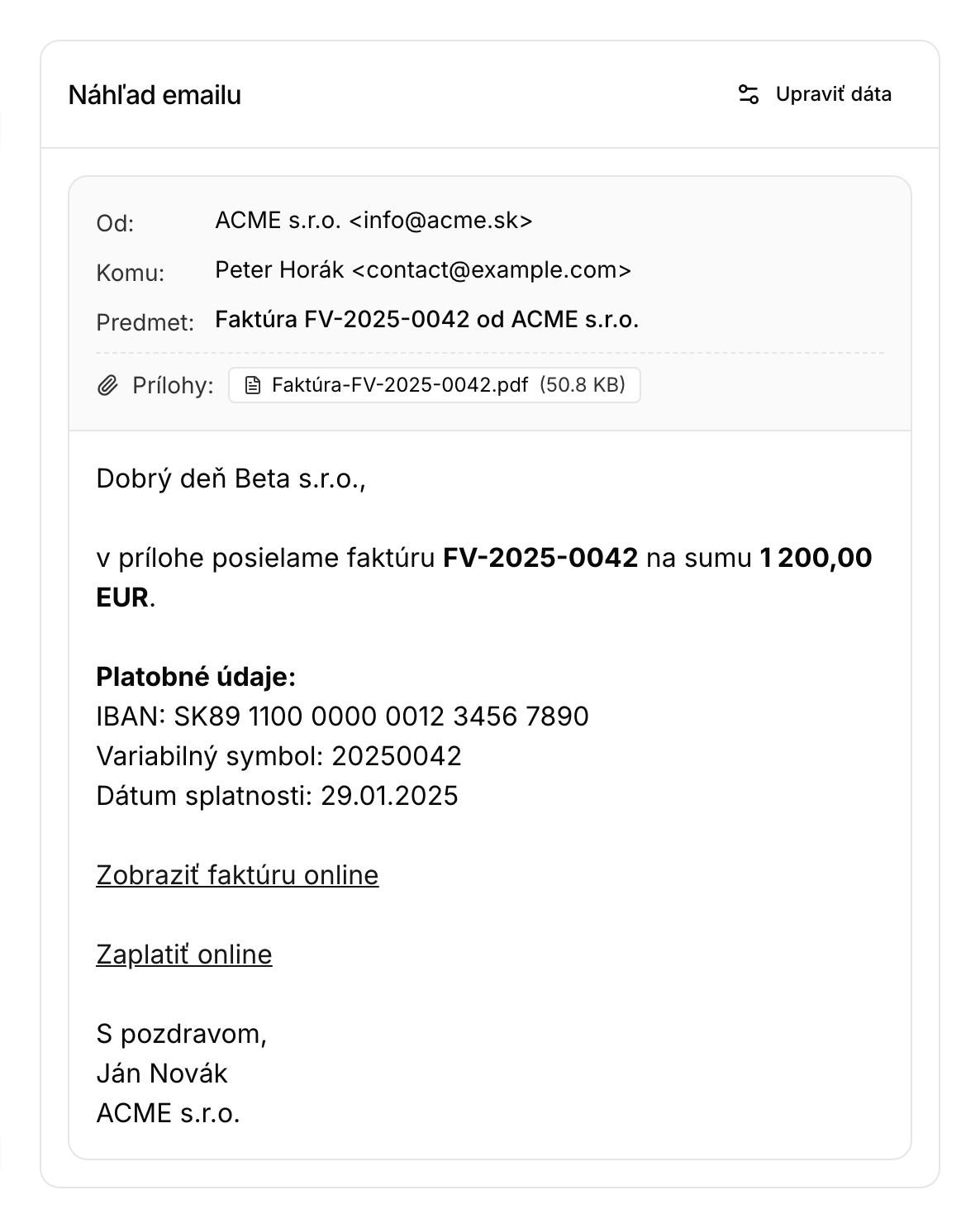 Náhľad emailu s ukážkovými dátami