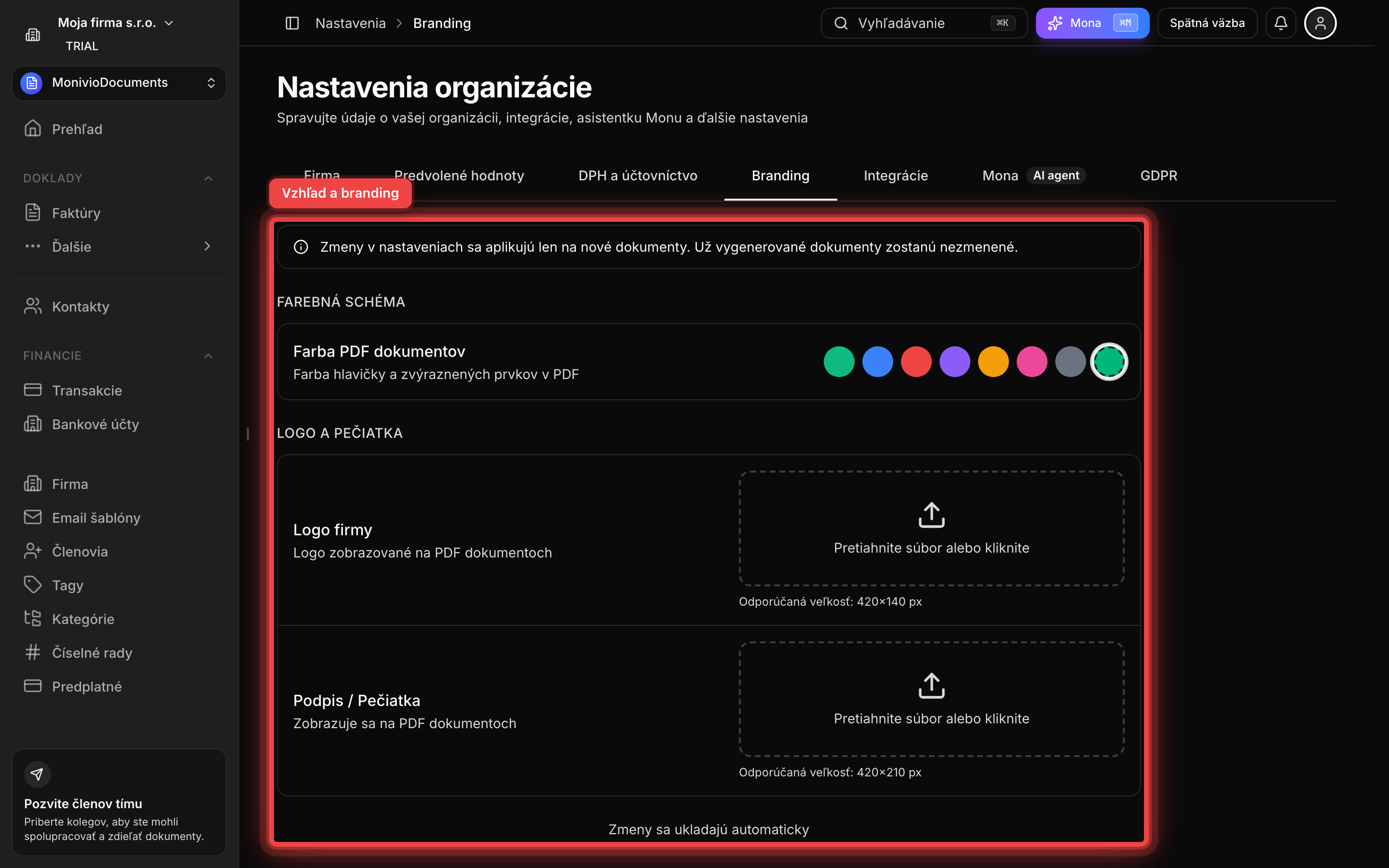 Sidebar nastavení s položkou Branding