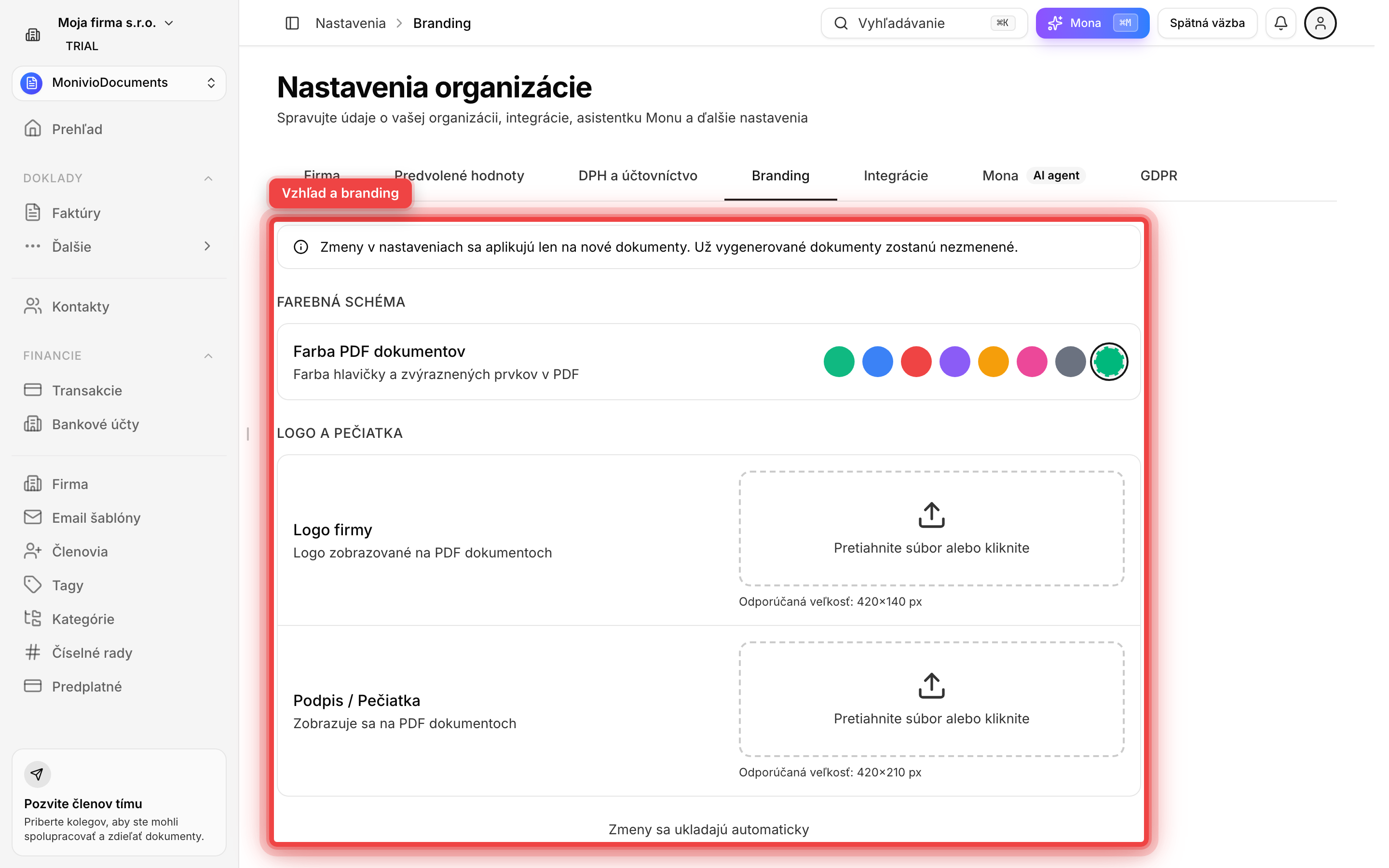 Sidebar nastavení s položkou Branding