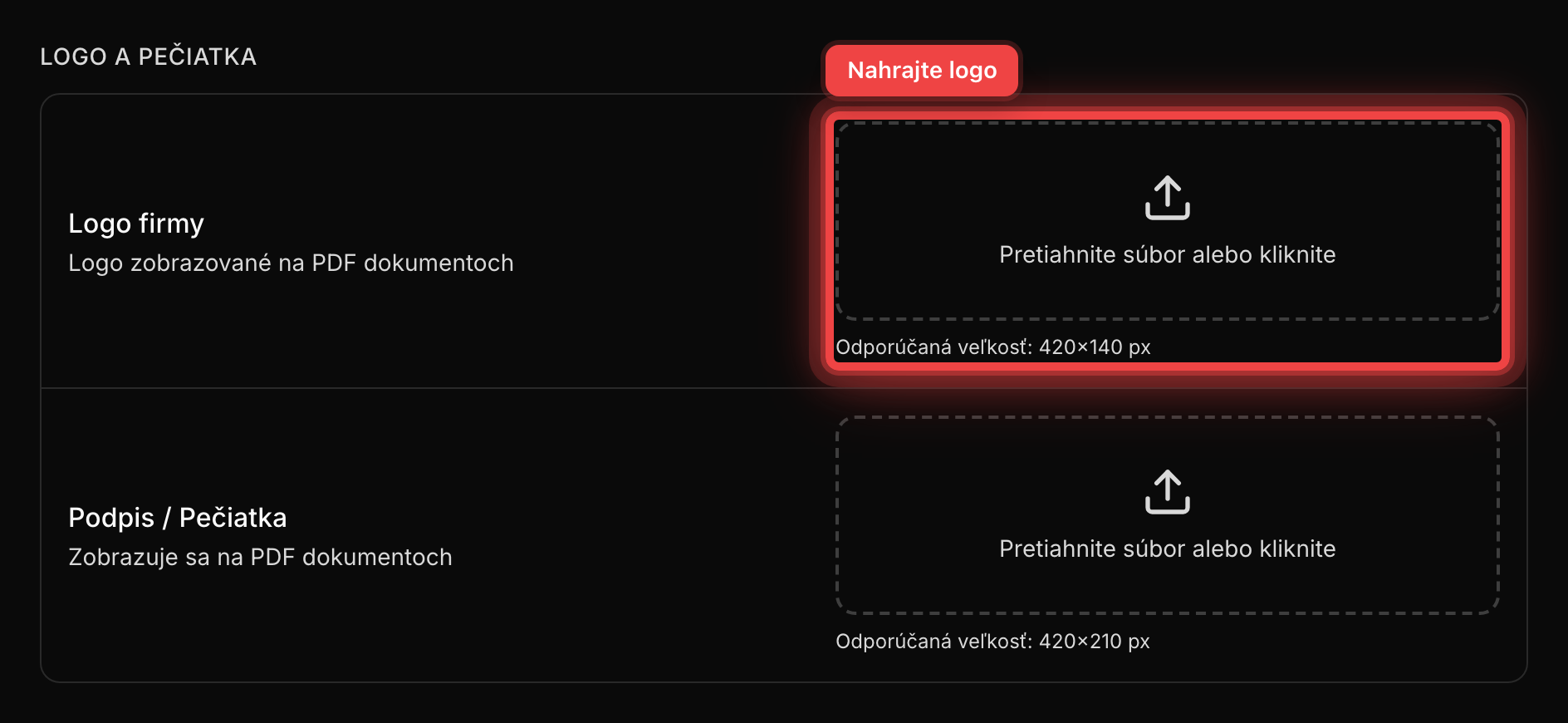Dropzone pre nahratie loga