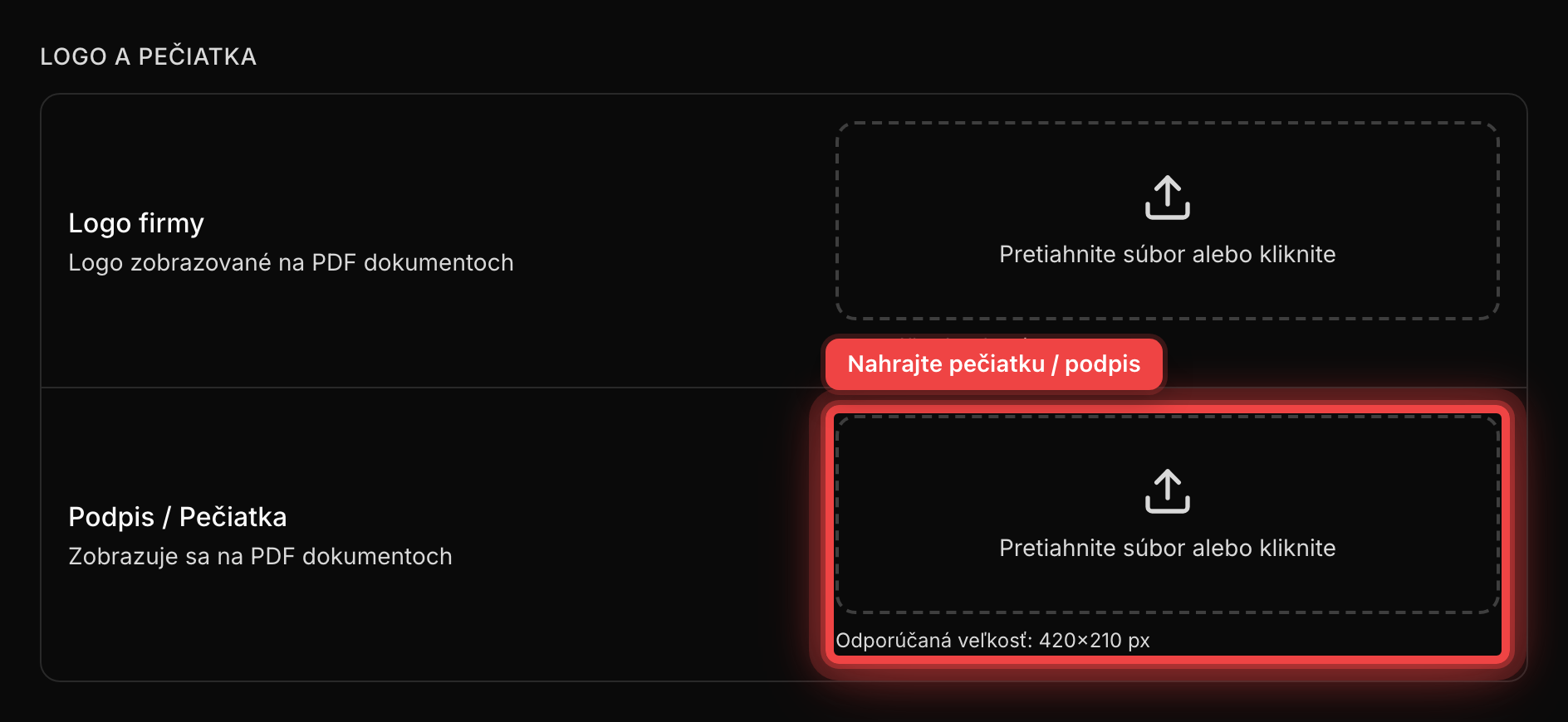 Sekcia pre nahratie pečiatky