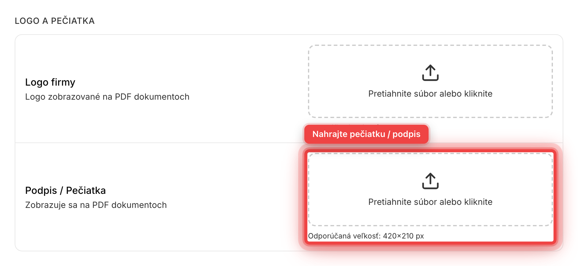 Sekcia pre nahratie pečiatky
