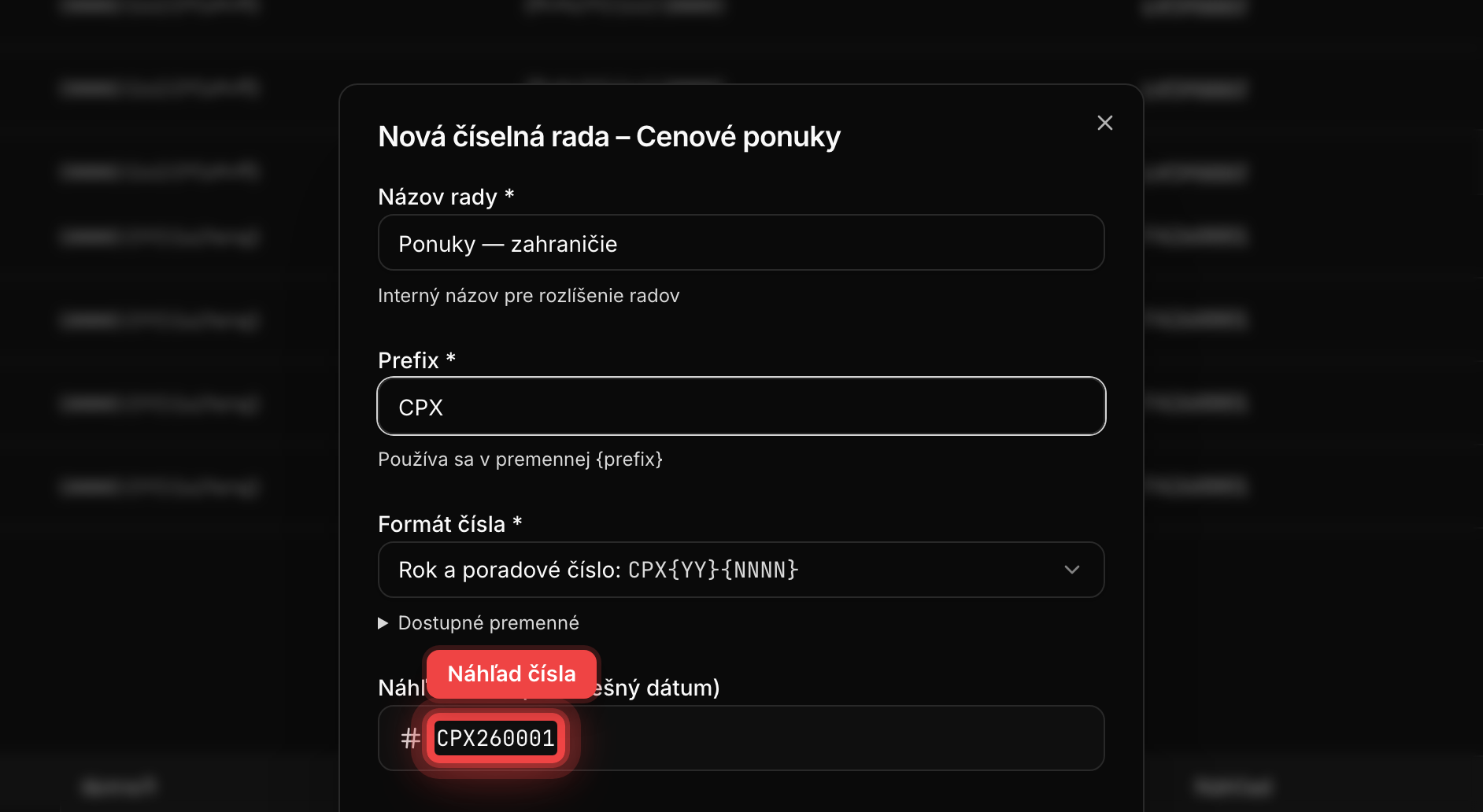 Formulár novej číselnej rady s prefixom a formátom