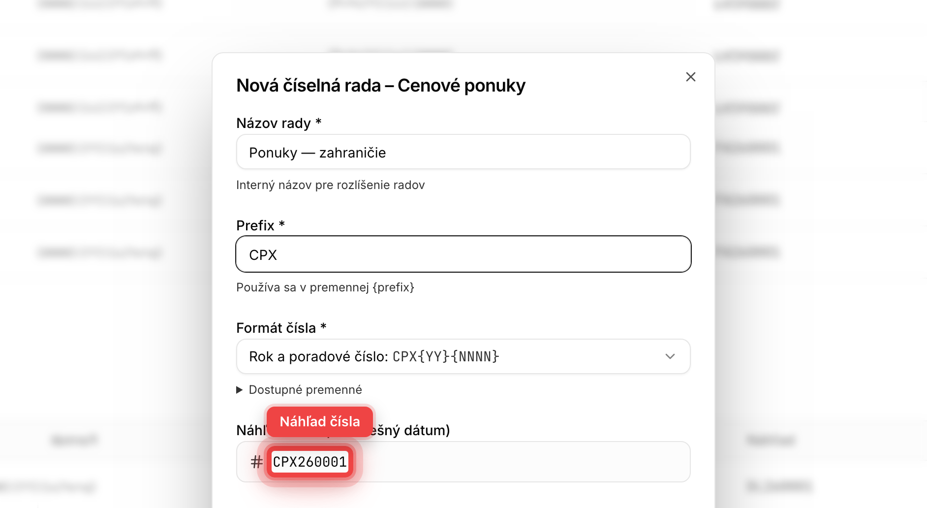 Formulár novej číselnej rady s prefixom a formátom