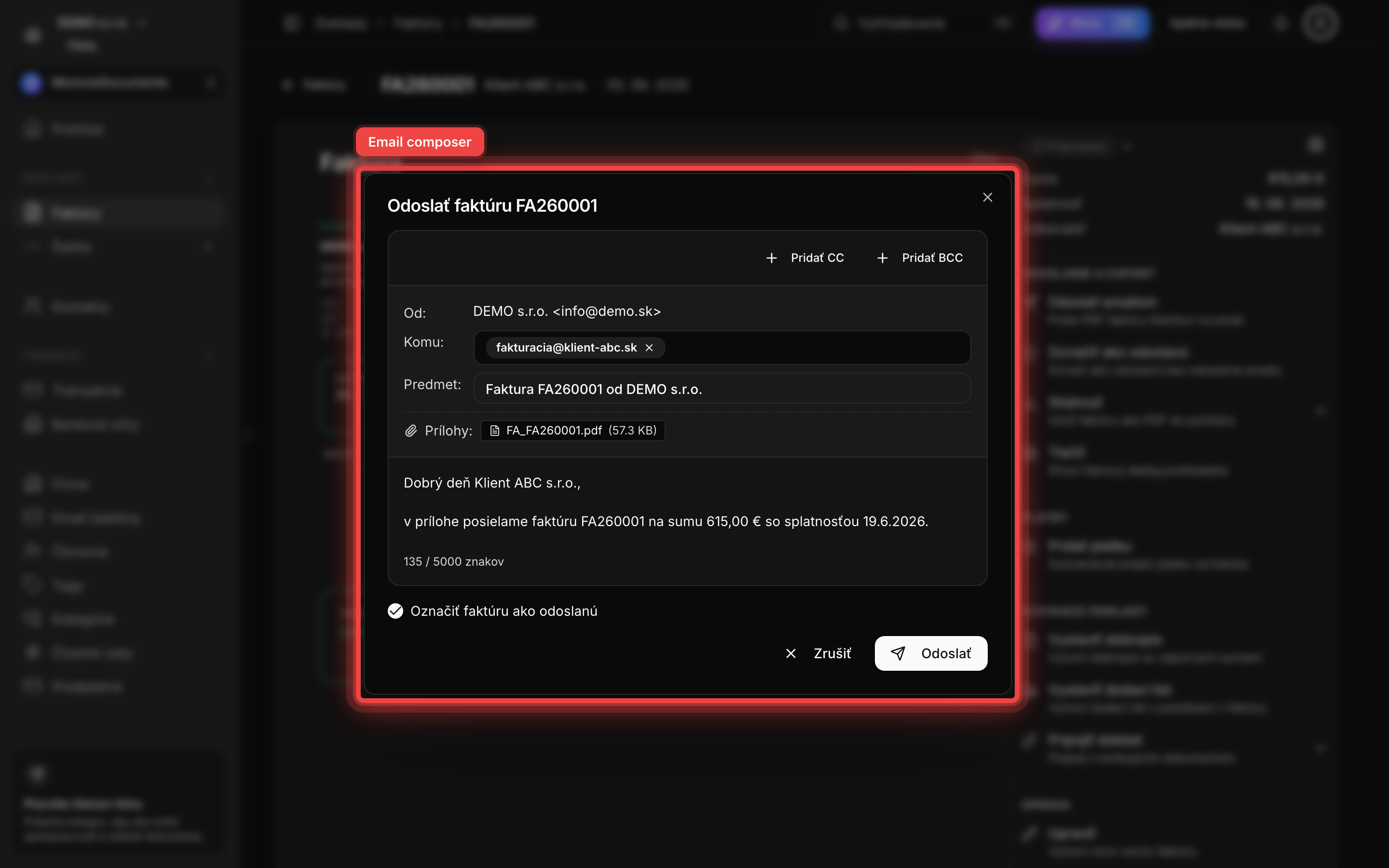 Email composer s predvyplnenou adresou príjemcu, predmetom a textom