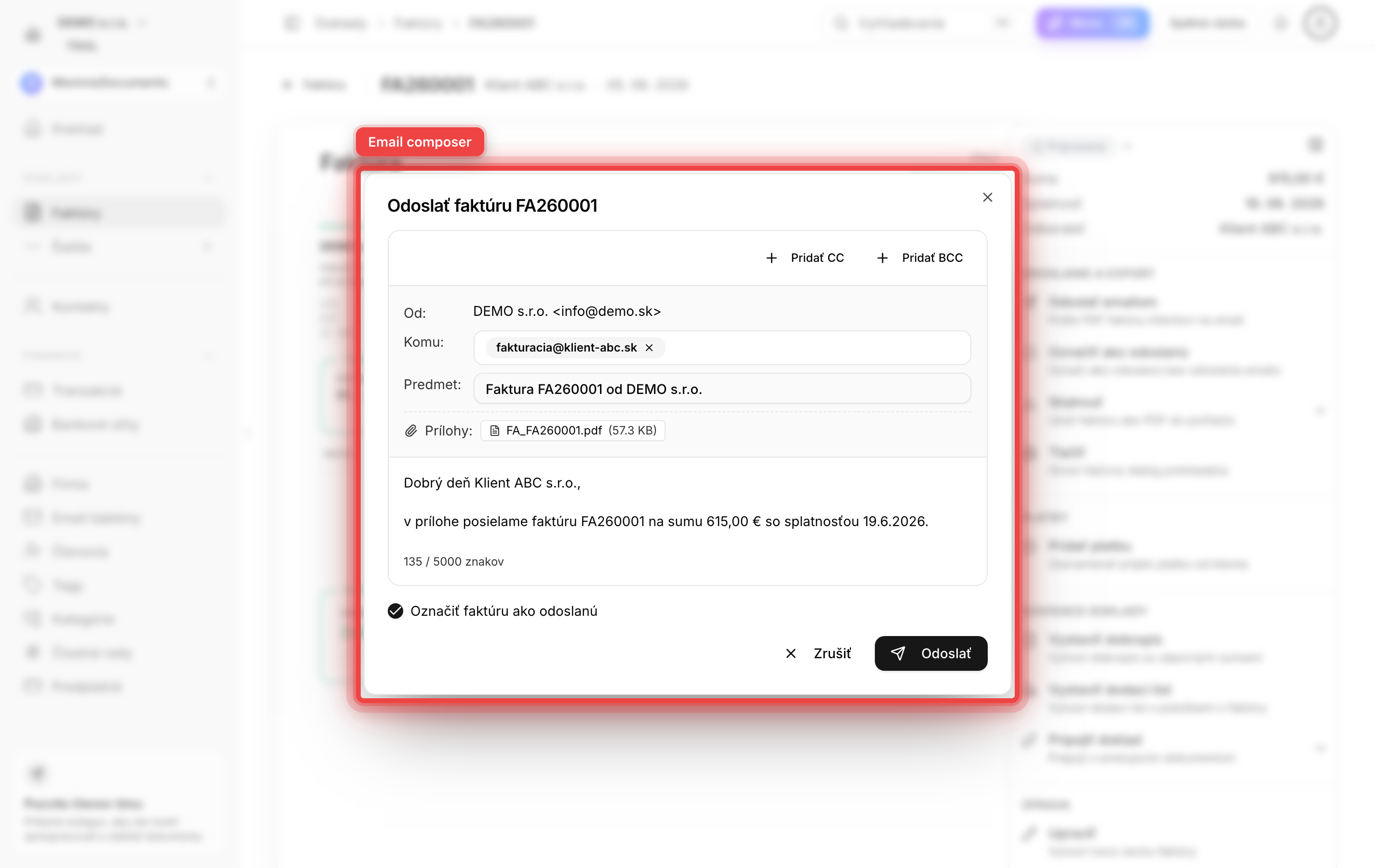 Email composer s predvyplnenou adresou príjemcu, predmetom a textom
