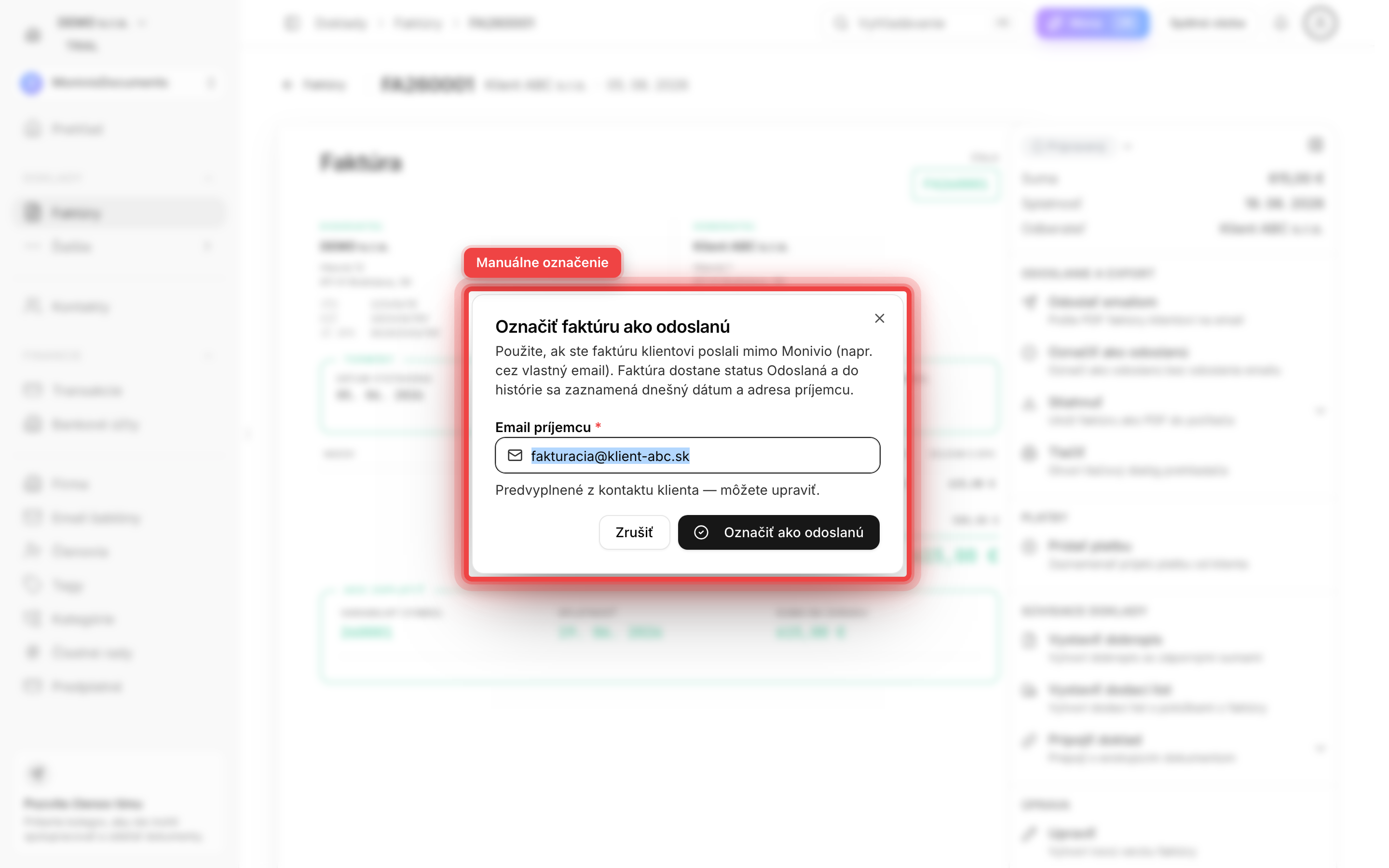 Dialóg pre manuálne označenie faktúry ako odoslanej, s poľom email príjemcu