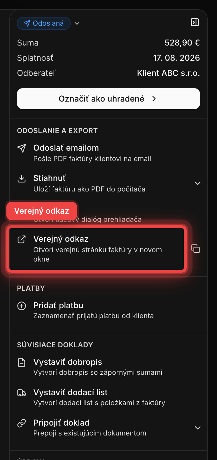 Panel akcií faktúry so zvýraznenou akciou Verejný odkaz