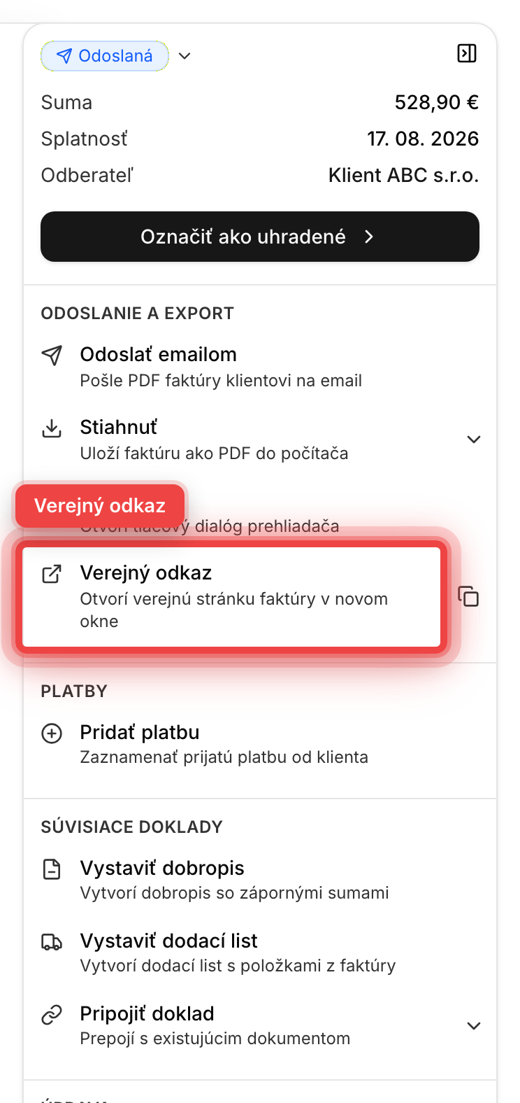 Panel akcií faktúry so zvýraznenou akciou Verejný odkaz