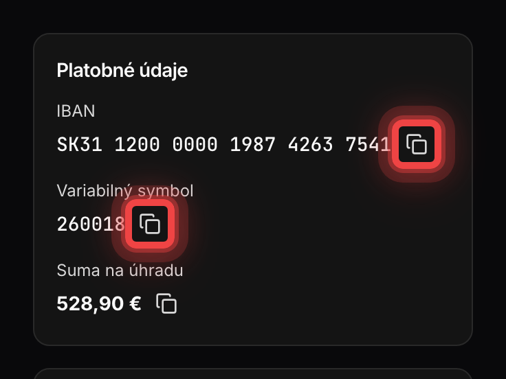 Platobné údaje s tlačidlami na skopírovanie IBAN-u a variabilného symbolu