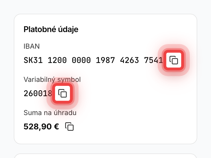 Platobné údaje s tlačidlami na skopírovanie IBAN-u a variabilného symbolu
