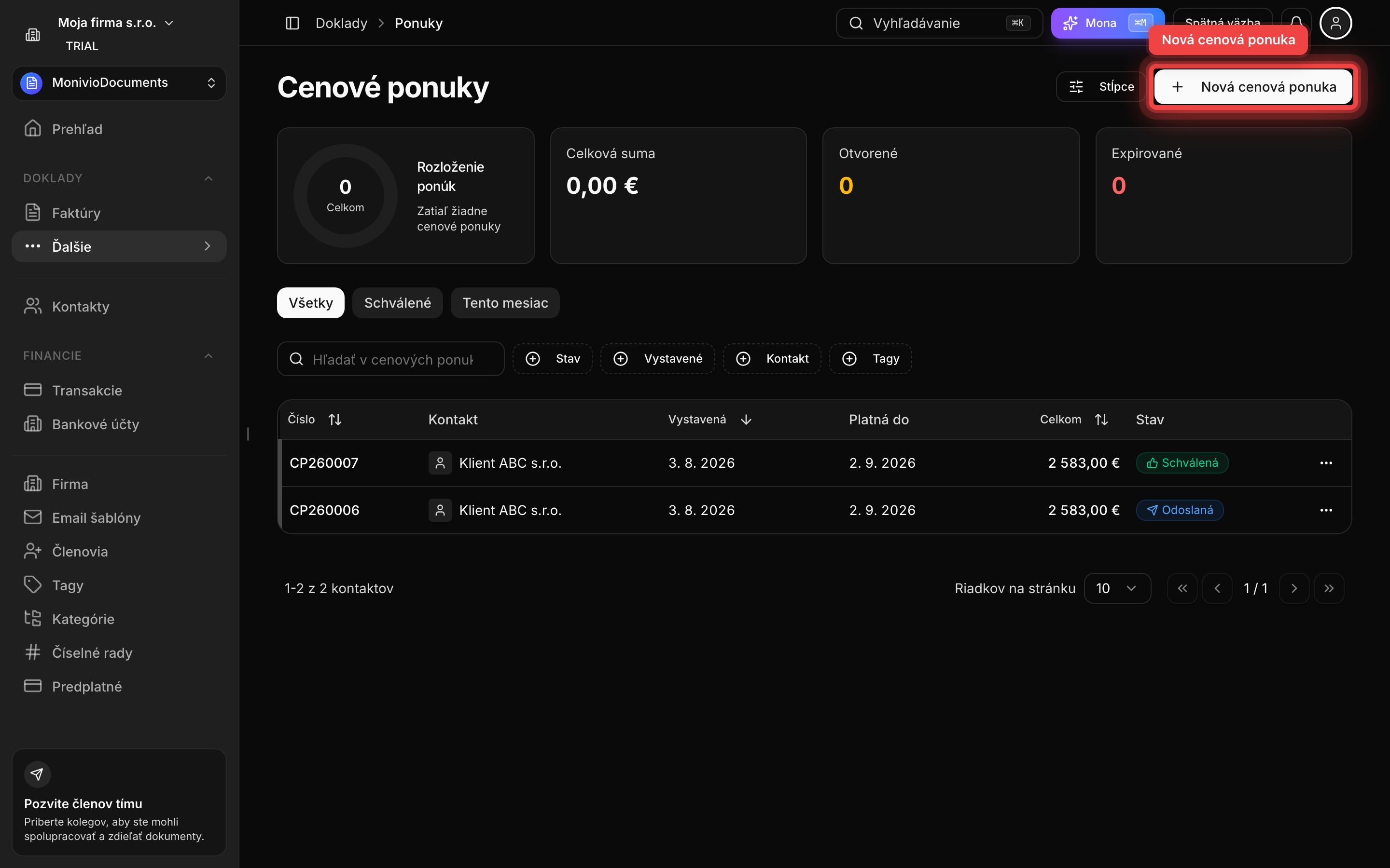 Zoznam cenových ponúk s tlačidlom Nová cenová ponuka