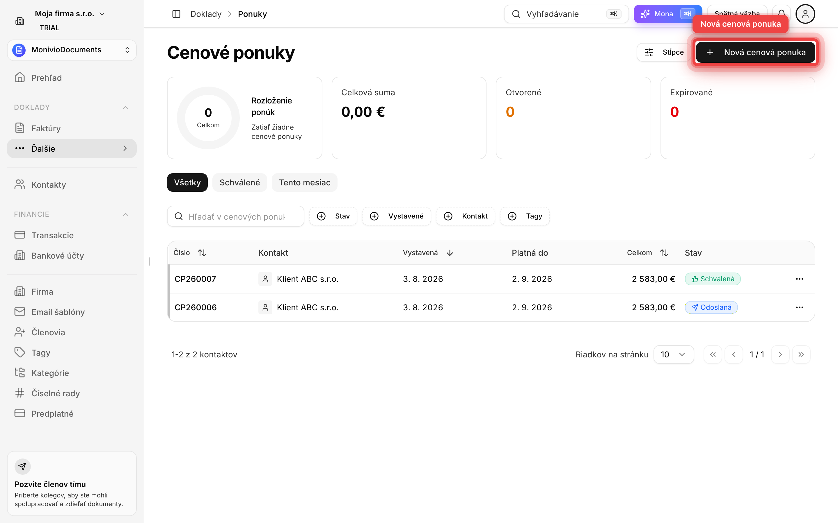 Zoznam cenových ponúk s tlačidlom Nová cenová ponuka