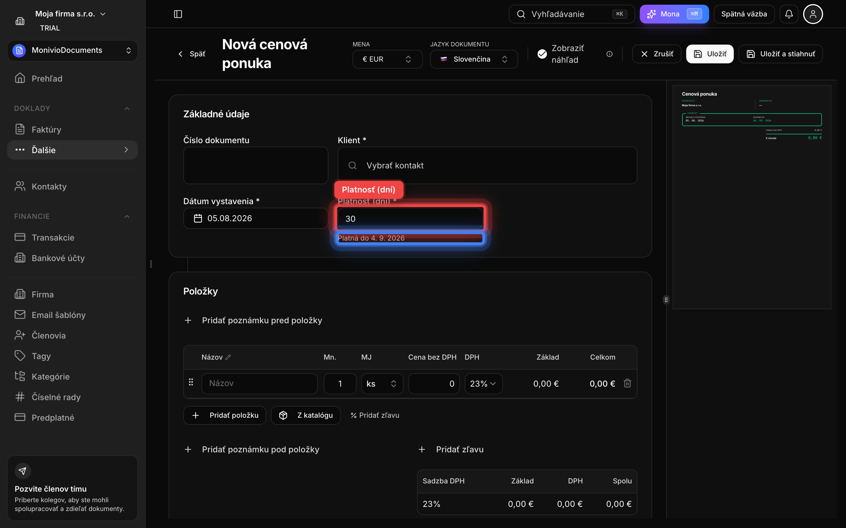 Formulár cenovej ponuky so zvýrazneným poľom Platnosť (dní)