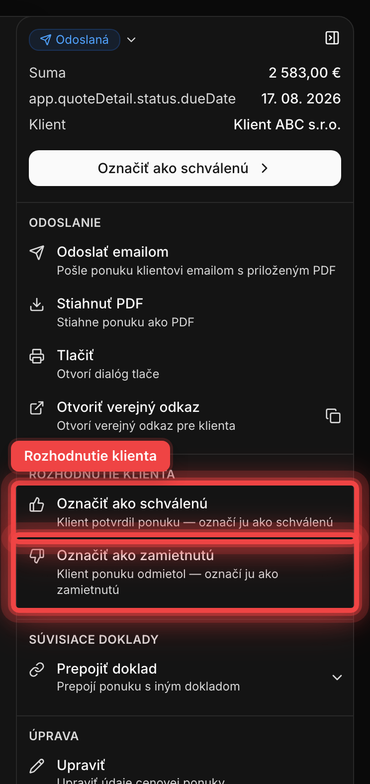 Panel akcií cenovej ponuky so sekciou Rozhodnutie klienta