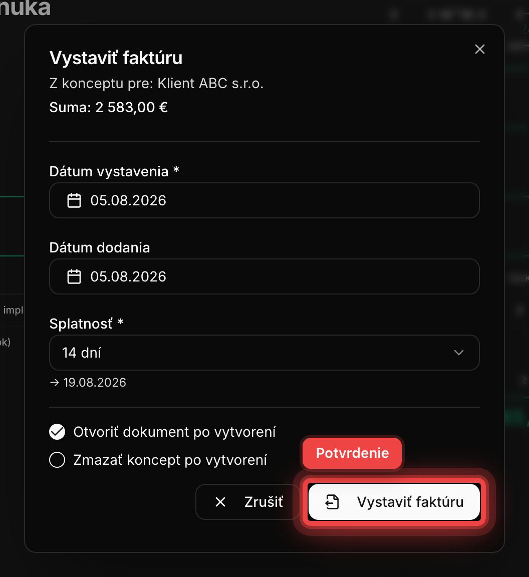 Dialóg vystavenia faktúry z cenovej ponuky s dátumami a číselnou radou