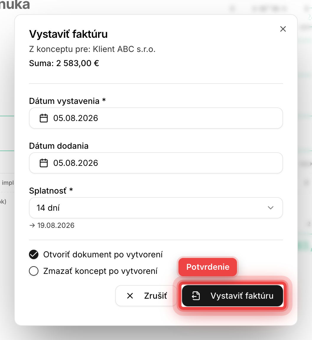 Dialóg vystavenia faktúry z cenovej ponuky s dátumami a číselnou radou