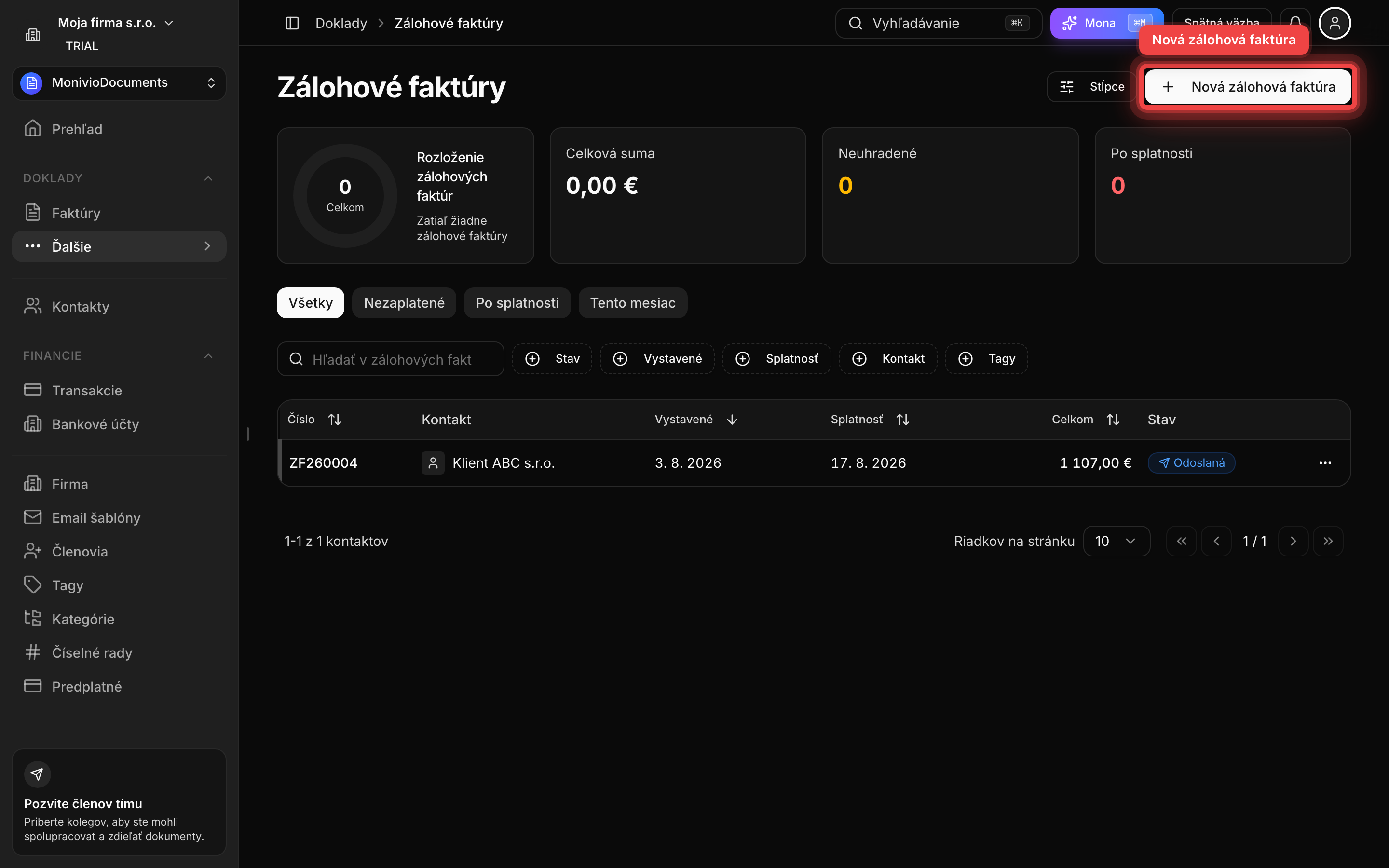 Zoznam zálohových faktúr s tlačidlom Nová zálohová faktúra