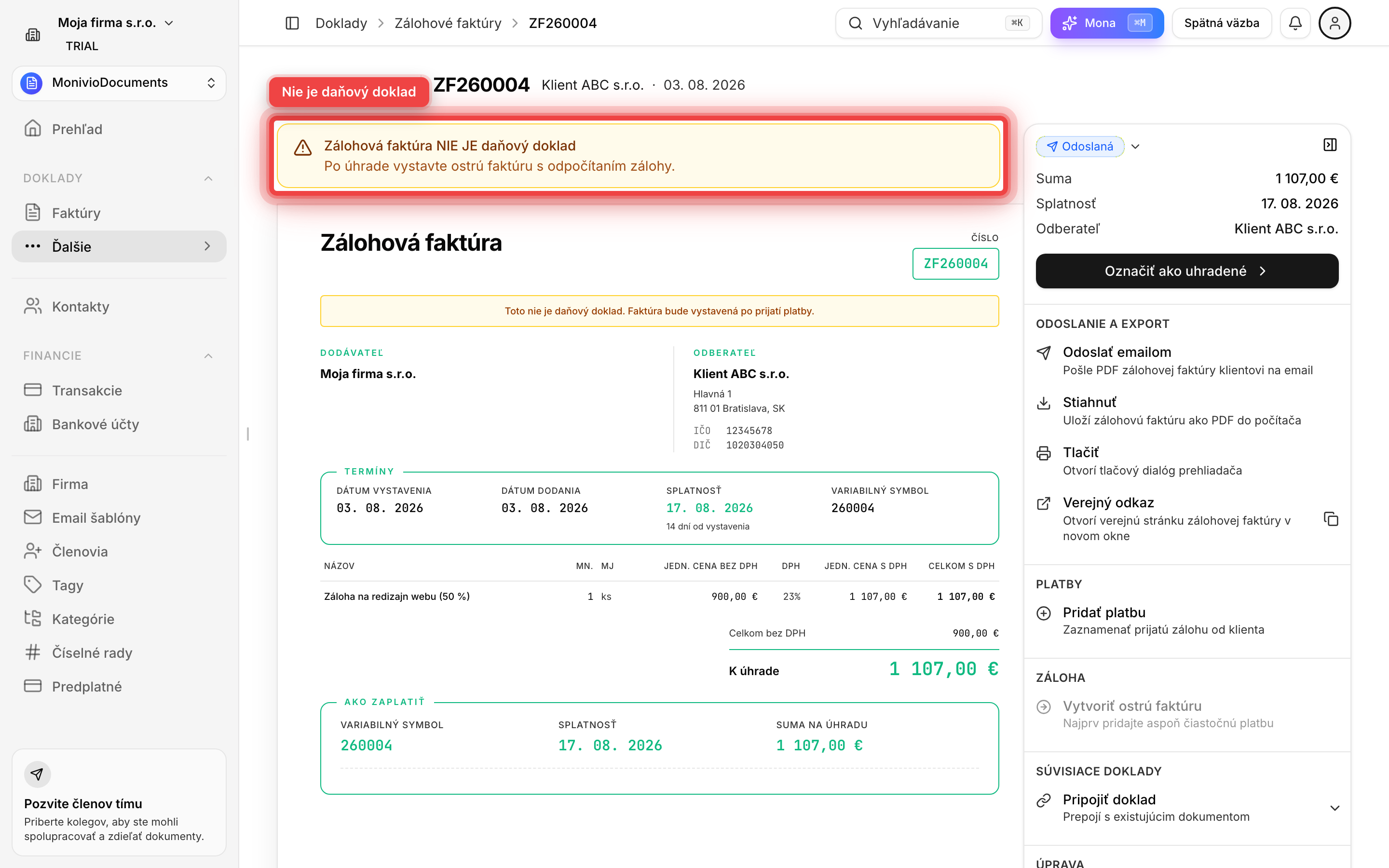 Detail zálohovej faktúry s upozornením, že nejde o daňový doklad
