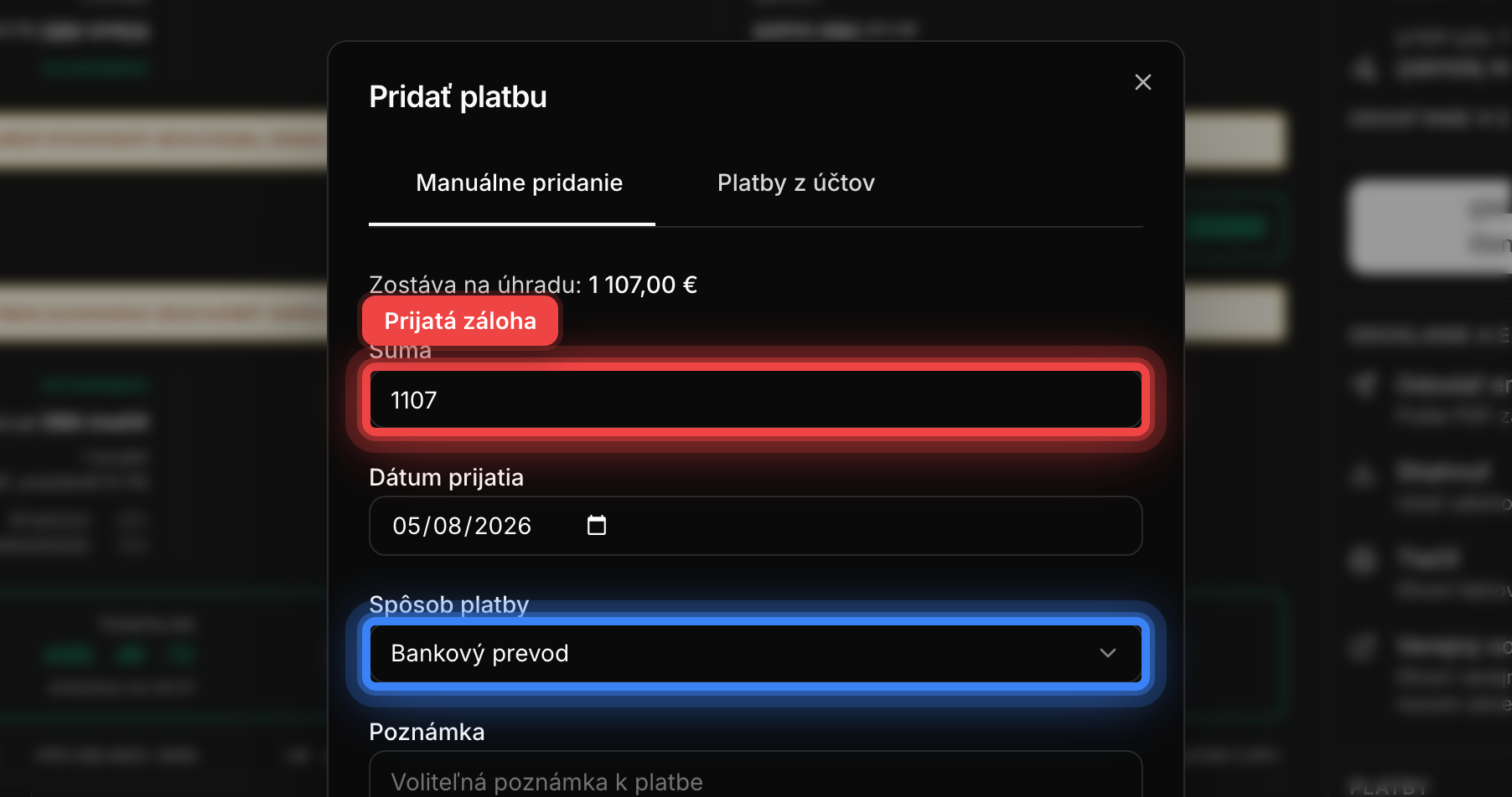 Dialóg pridania platby k zálohovej faktúre