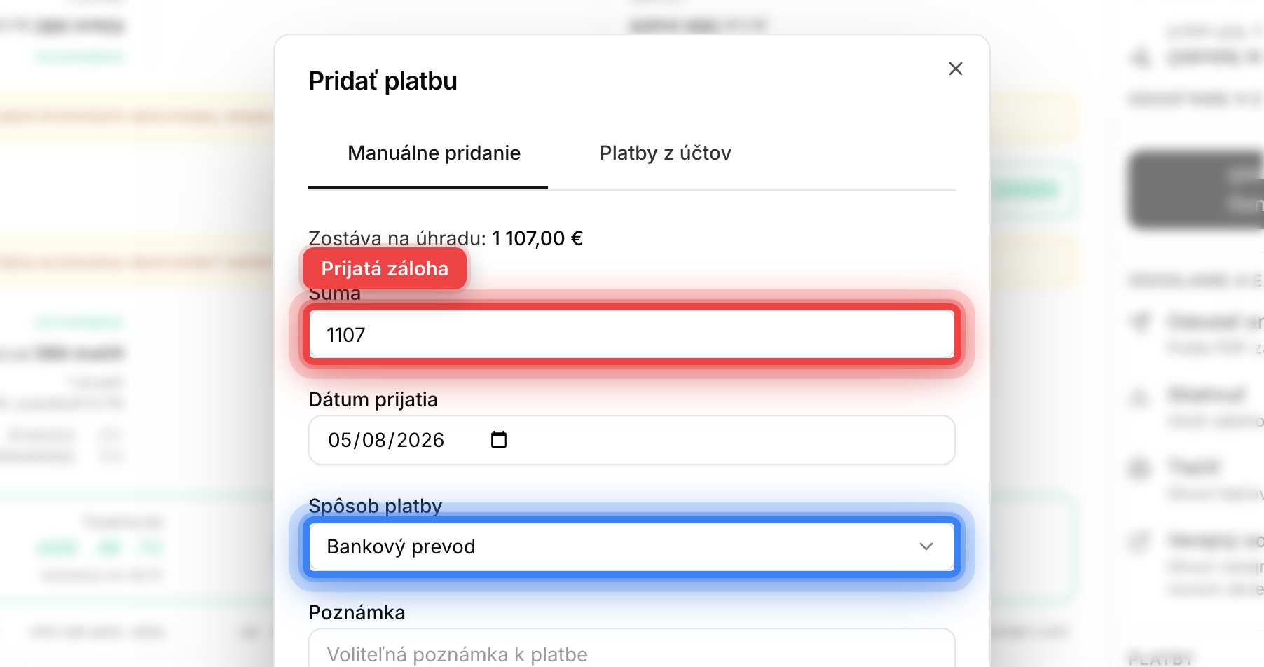 Dialóg pridania platby k zálohovej faktúre