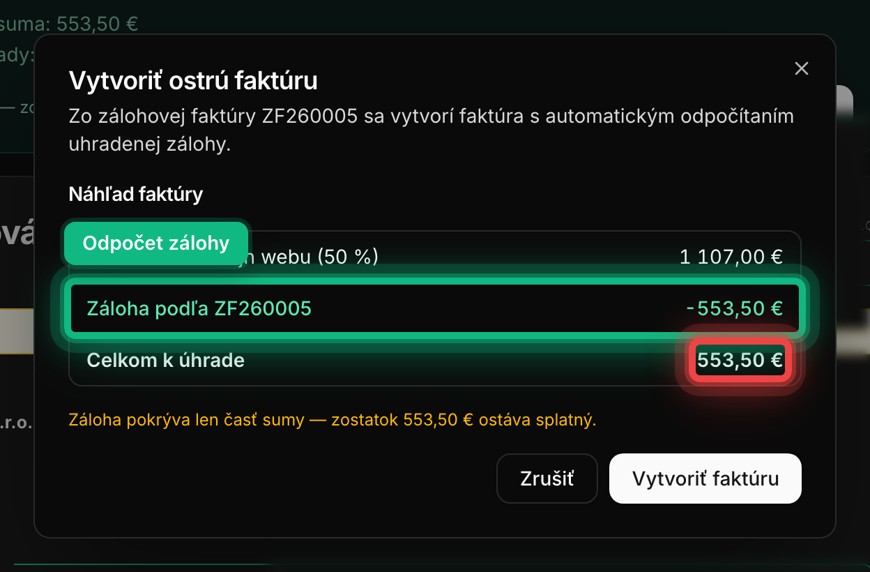 Náhľad ostrej faktúry s riadkom odpočtu zálohy a sumou na úhradu