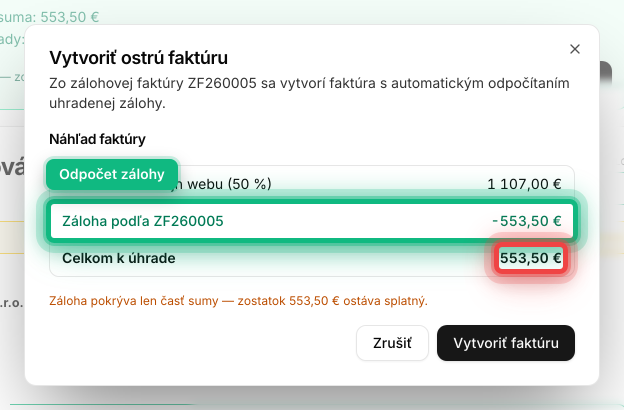 Náhľad ostrej faktúry s riadkom odpočtu zálohy a sumou na úhradu